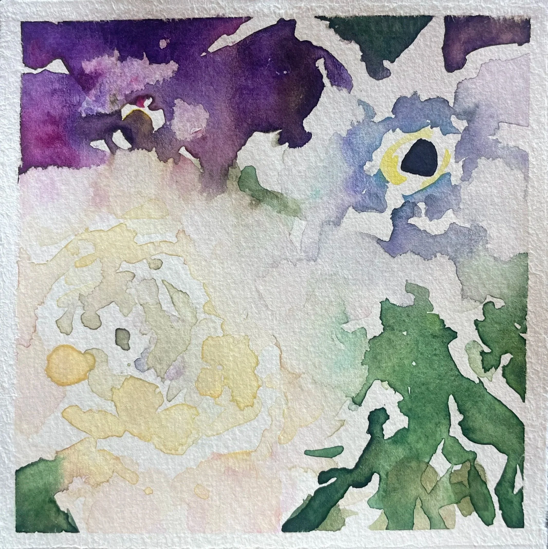 Abstract watercolor painting with purple, green, yellow, and blue hues, depicting floral and natural shapes.