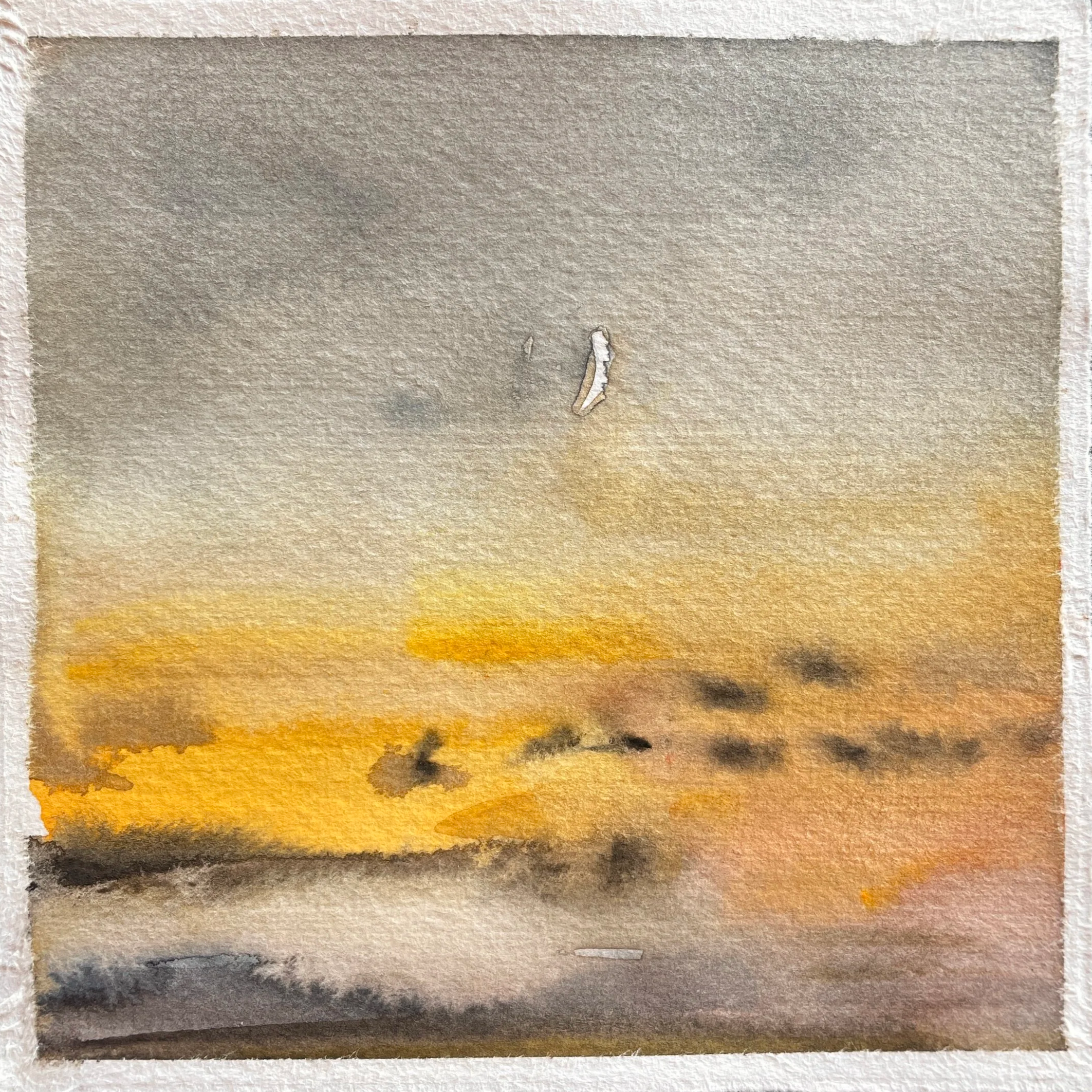 Watercolor painting of a sunset over the ocean with a mostly overcast sky.