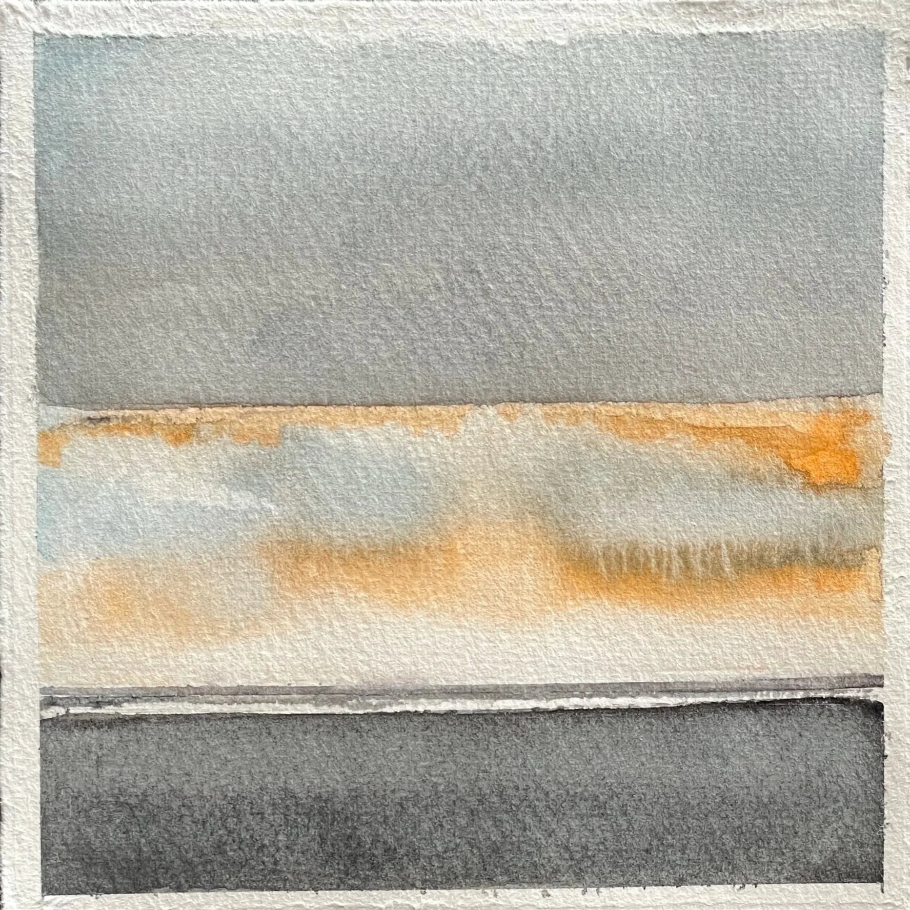 Watercolor painting with horizontal bands of gray, orange, and black, resembling an abstract landscape.