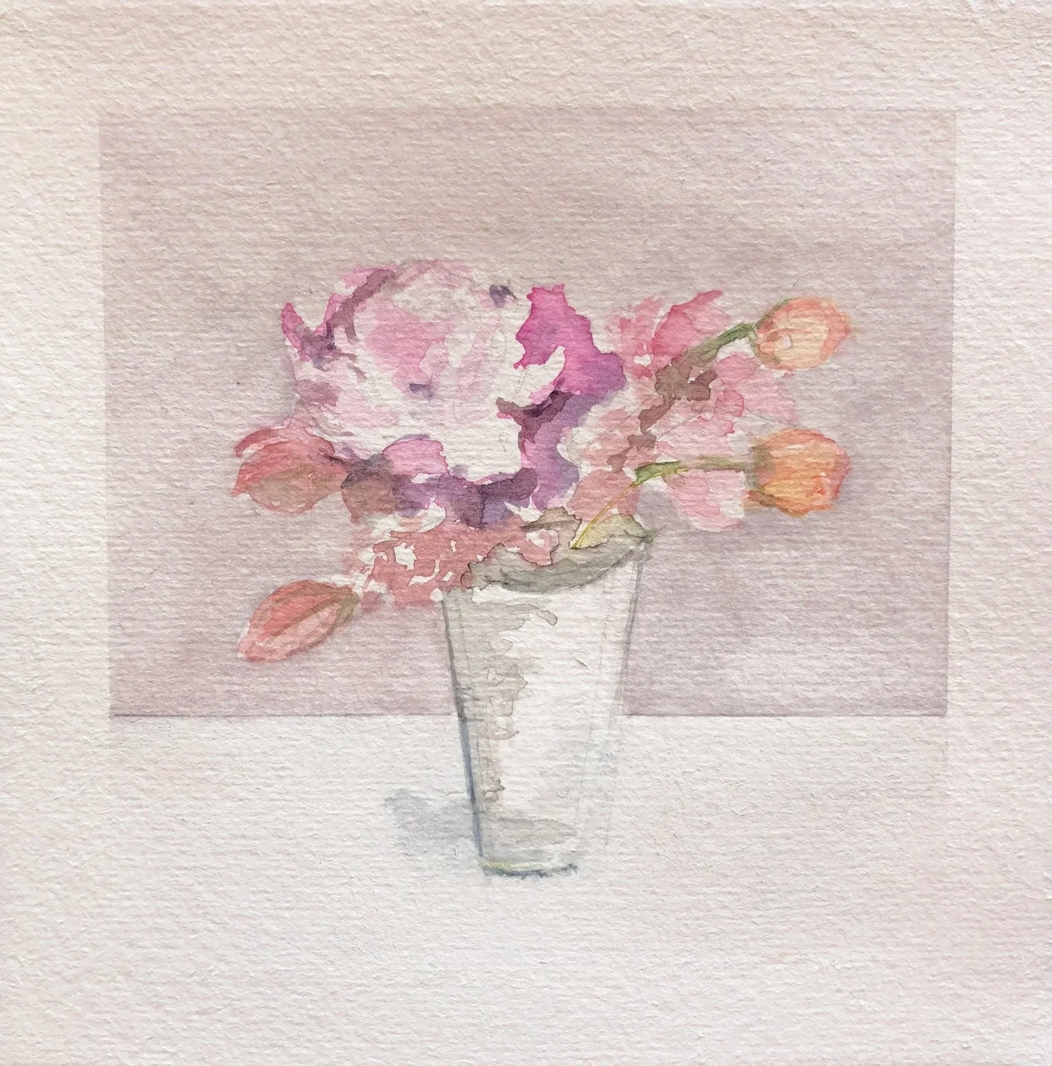 Watercolor painting of a bouquet of pink, purple, and orange flowers in a white vase against a soft background.