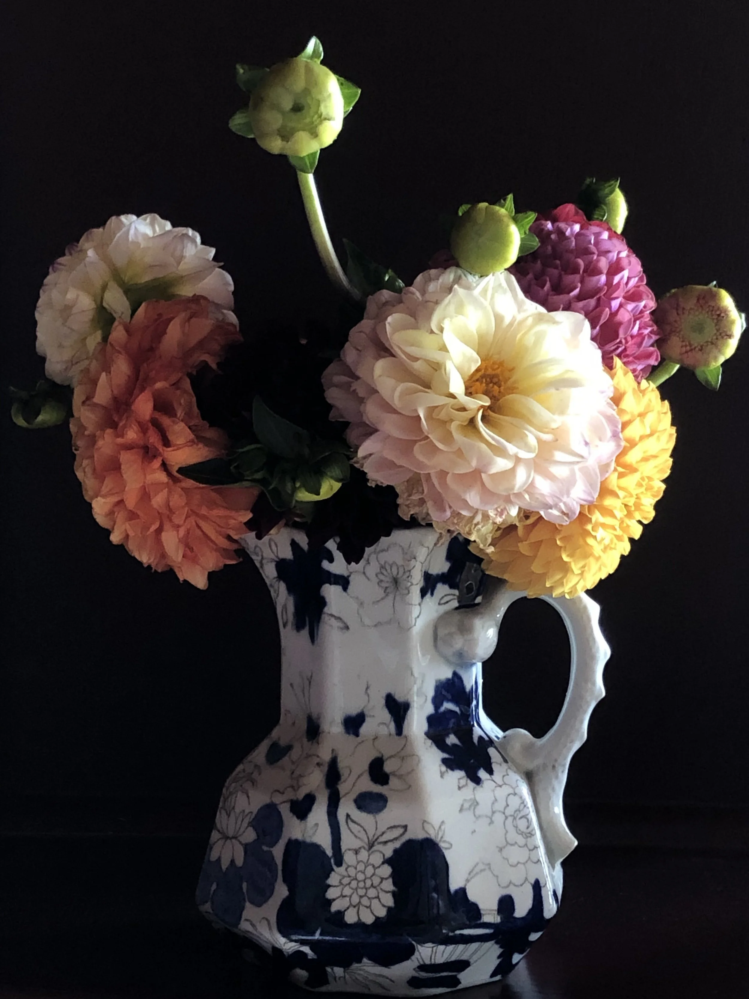 A white and blue ceramic pitcher with floral and butterfly patterns holds a bouquet of colorful dahlias and ranunculus flowers against a dark background.