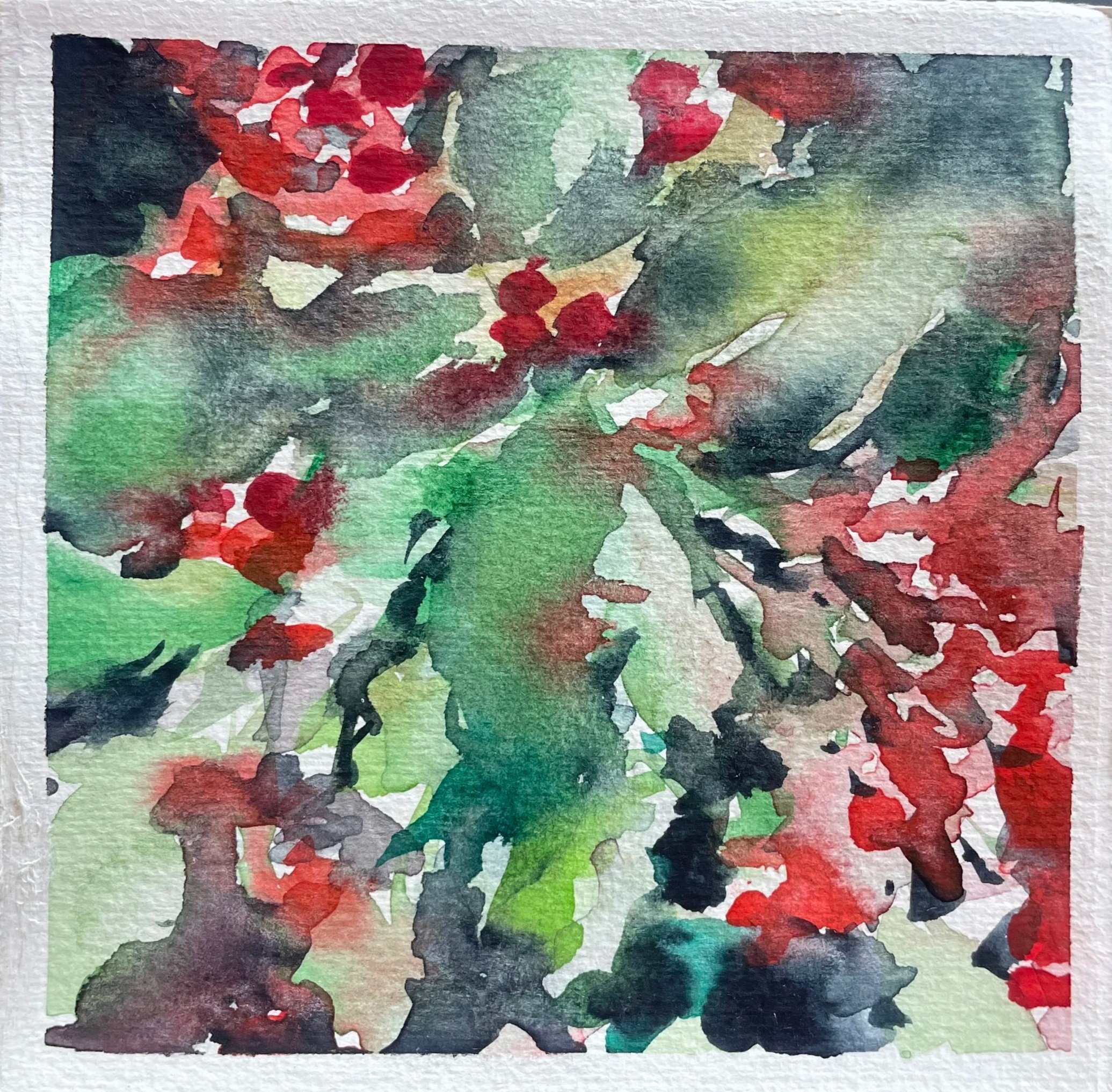 Abstract watercolor painting with green, red, black, and gray colors.