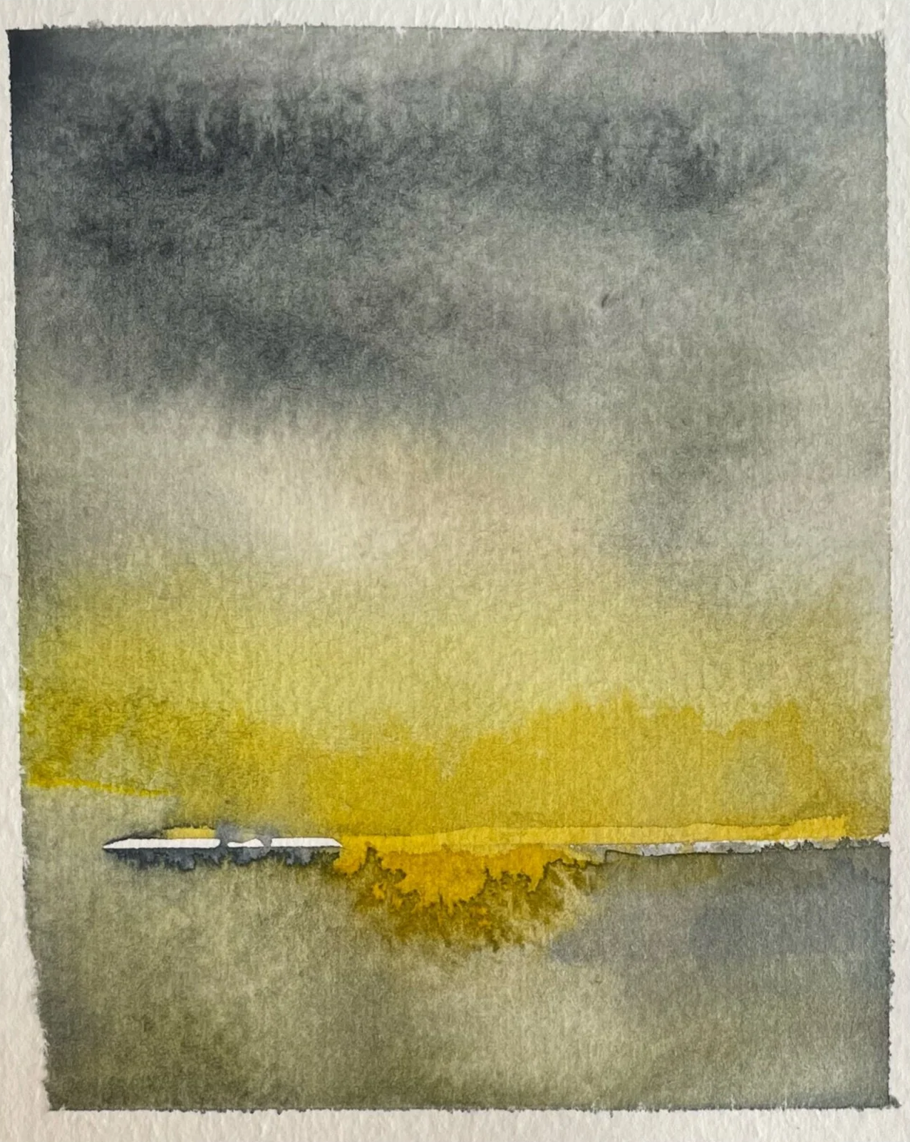 Watercolor painting of a landscape with a cloudy sky, a yellowish horizon, and distant trees and buildings.