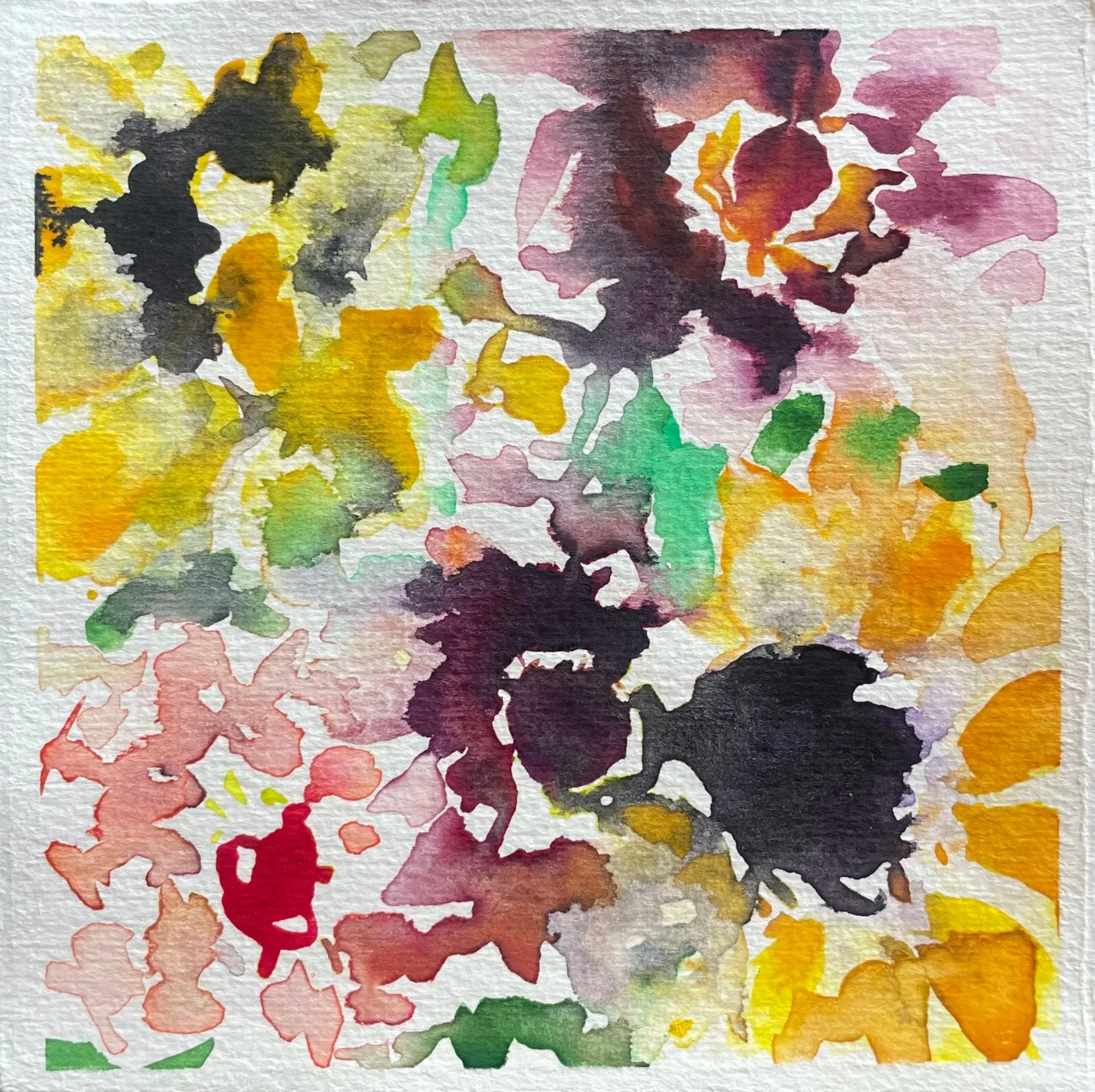 Abstract watercolor painting with splashes of black, yellow, pink, orange, purple, and green colors.