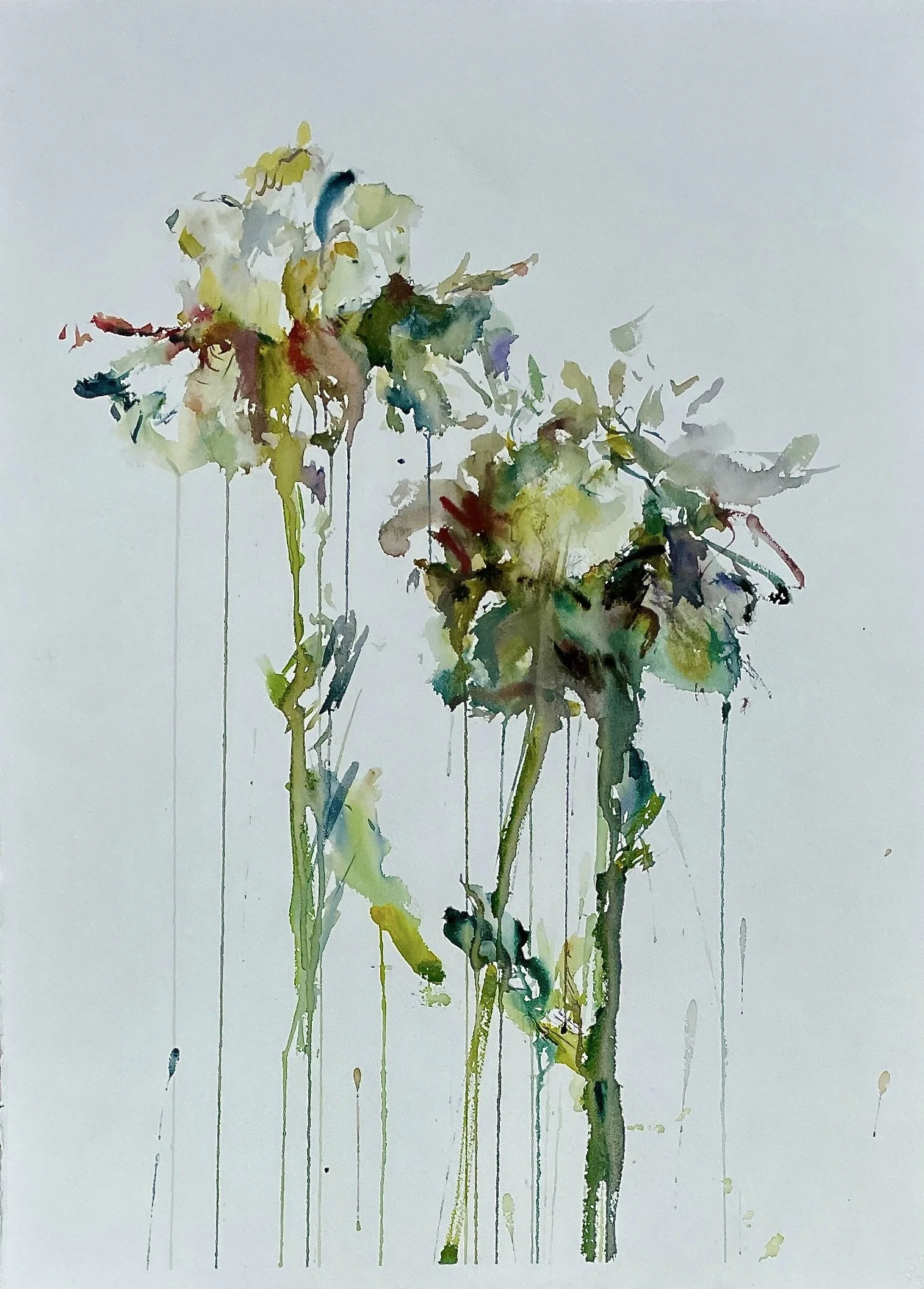 Watercolor painting of two abstract flowers with dripped paint on a white background.