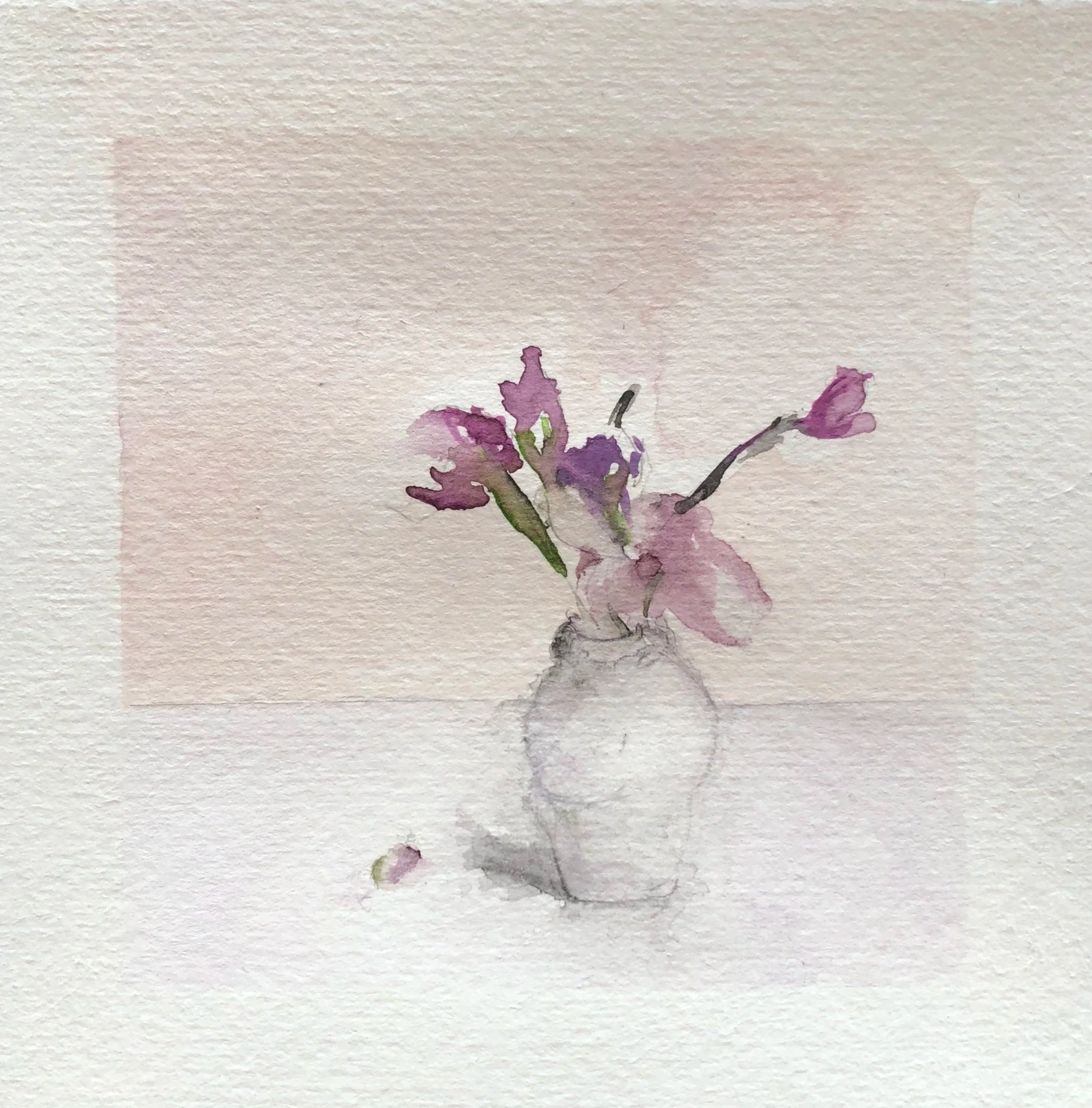 Watercolor painting of pink and purple flowers in a small vase with one fallen petal