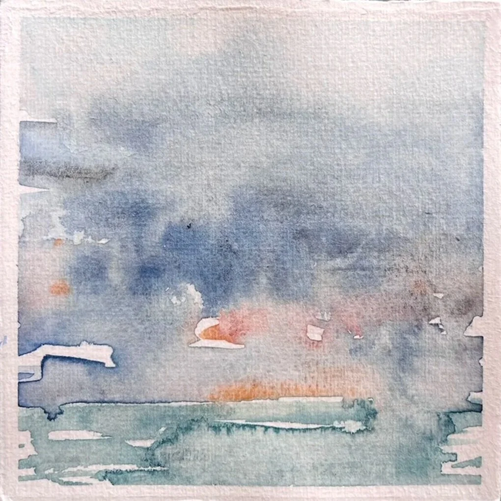 A watercolor painting of a cloudy sky over the ocean, with hints of pink and orange near the horizon at sunrise or sunset.