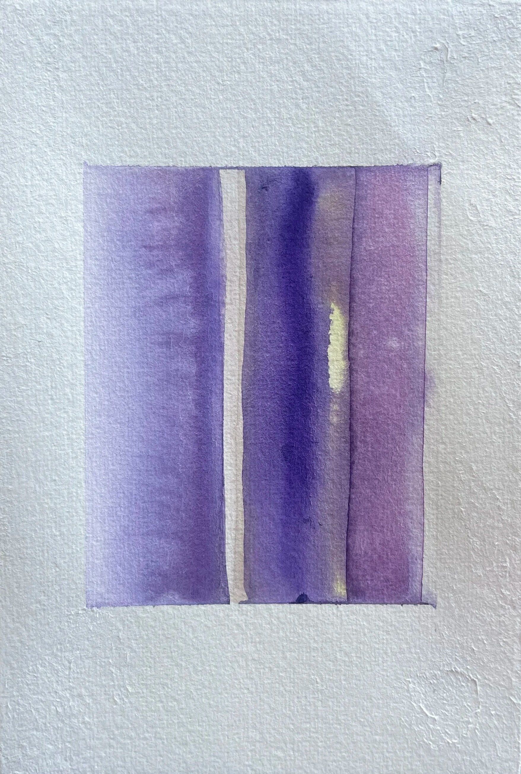 Watercolor painting of vertical purple, violet, and lavender stripes on textured white paper.