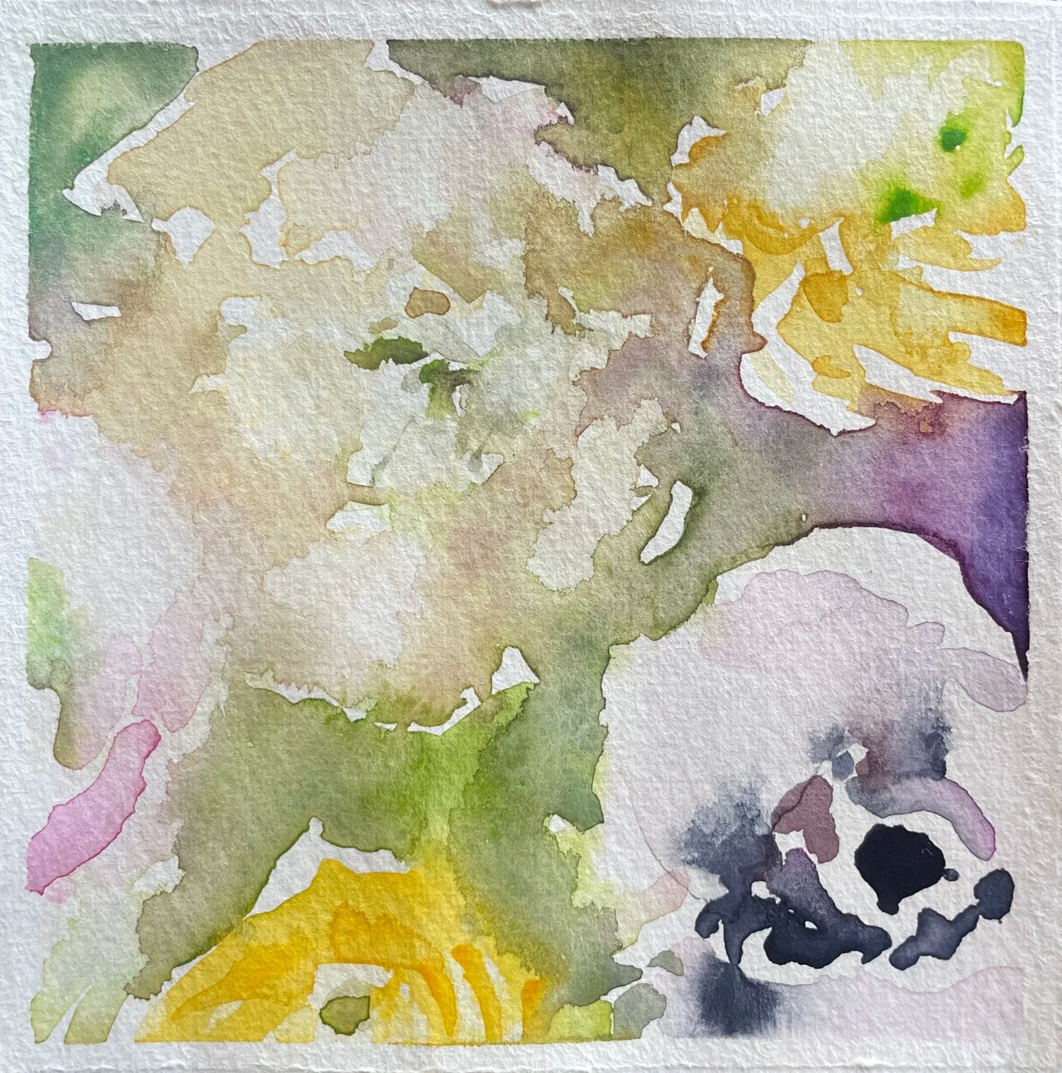 A watercolor painting of a dog with a skull in the lower right corner, using soft pastel colors and loose brushstrokes.