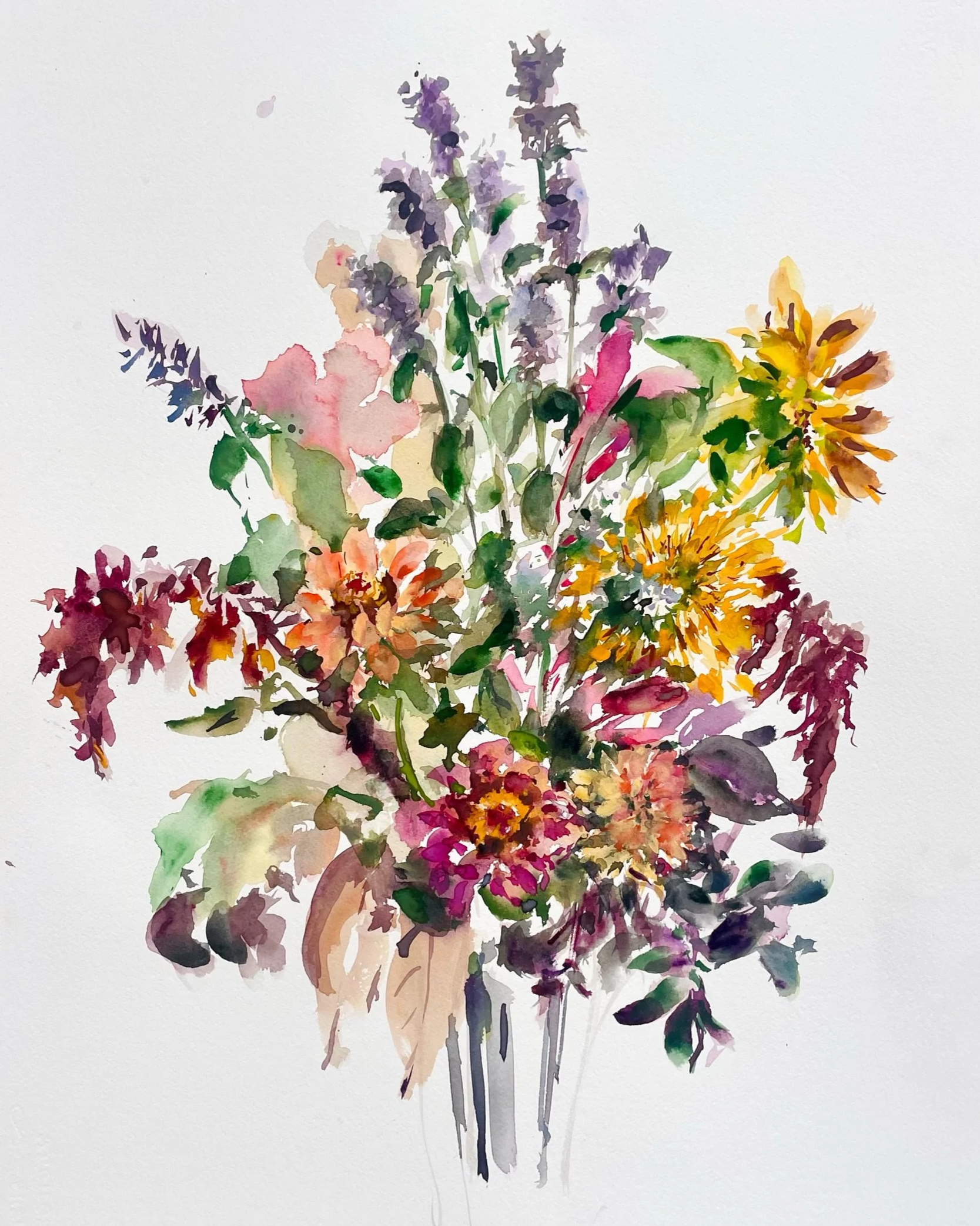 Watercolor painting of a mixed bouquet of flowers including yellow, purple, pink, and red blooms with green leaves on a white background.
