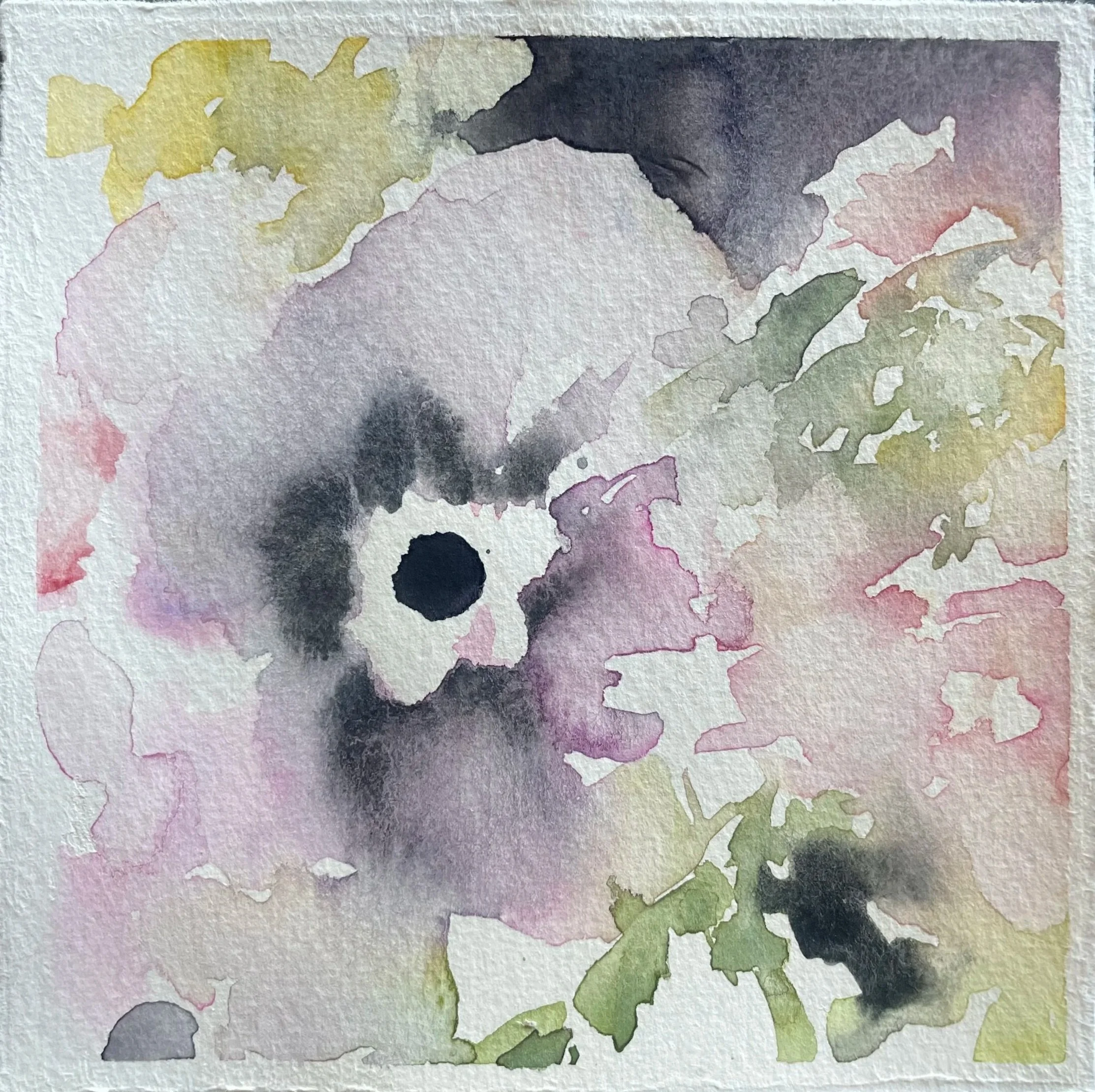 A watercolor painting of a small panda bear among pink and green flowers and foliage.