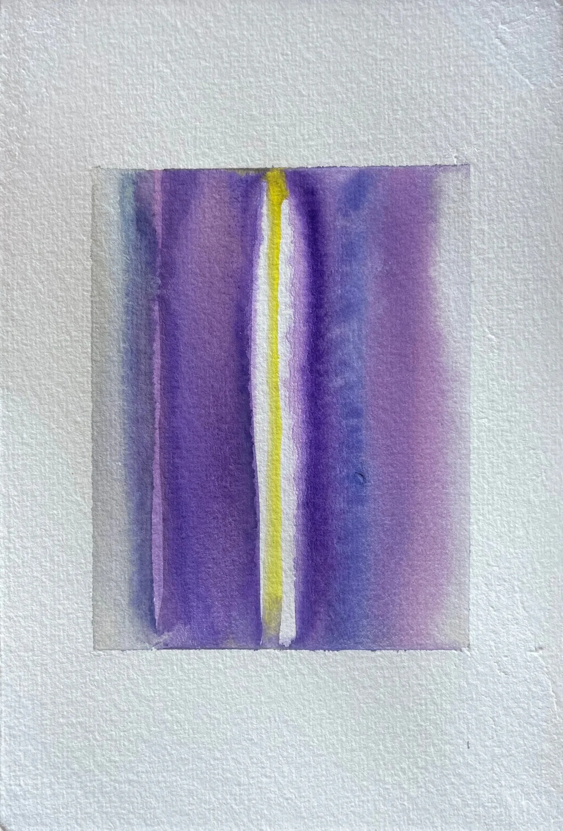 A small abstract watercolor painting with vertical purple and yellow lines.