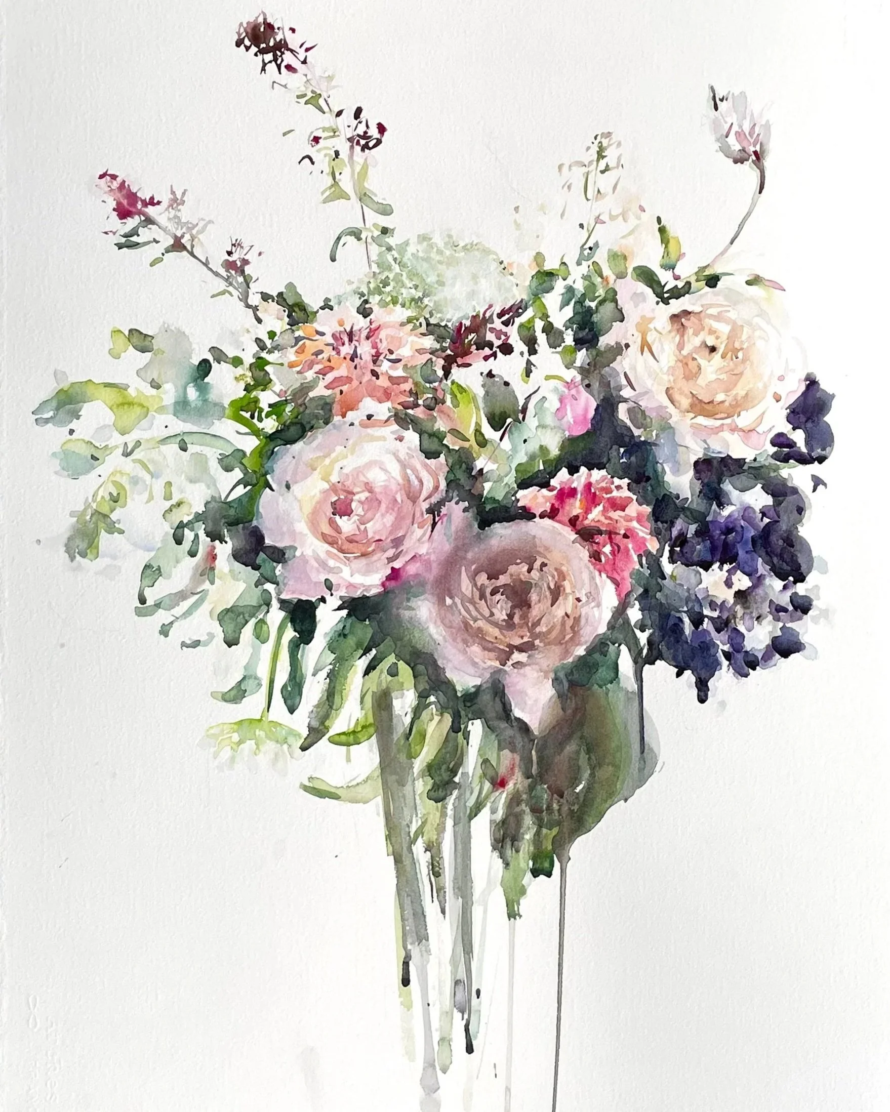A watercolor painting of a floral bouquet with pink, white, and purple flowers in a glass vase.