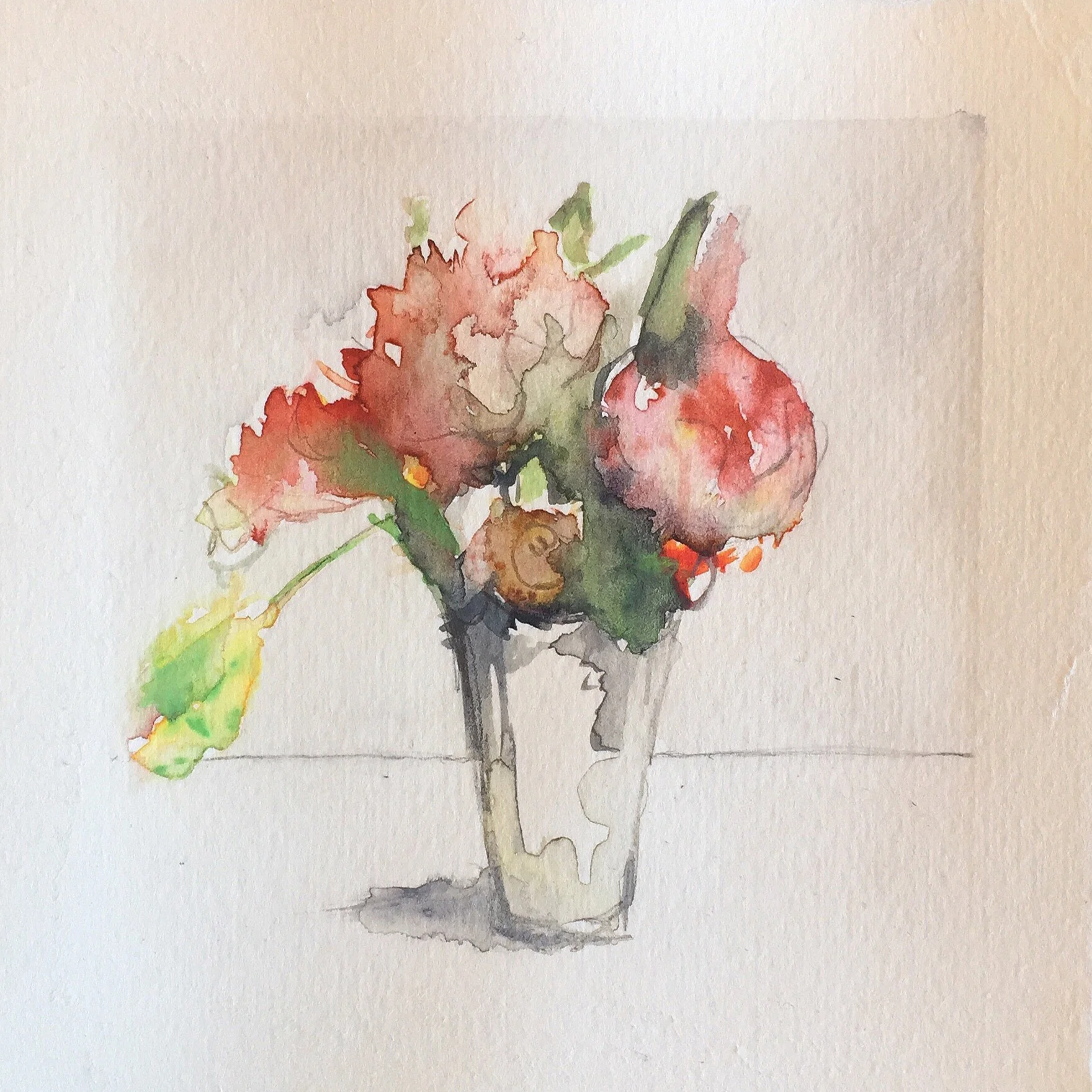 Watercolor painting of a flower in a glass vase with pink, red, and green colors.
