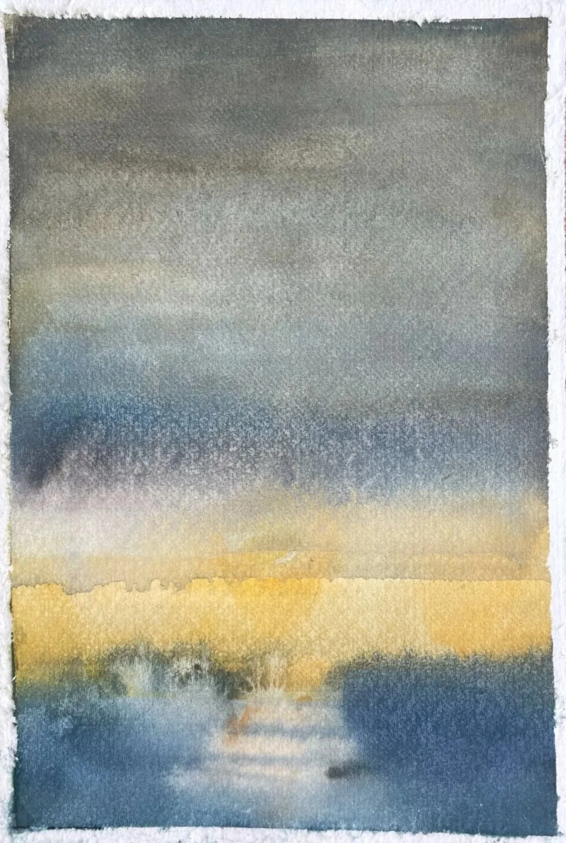 Watercolor painting of a landscape with cloudy sky, distant water, and land or trees in the foreground.