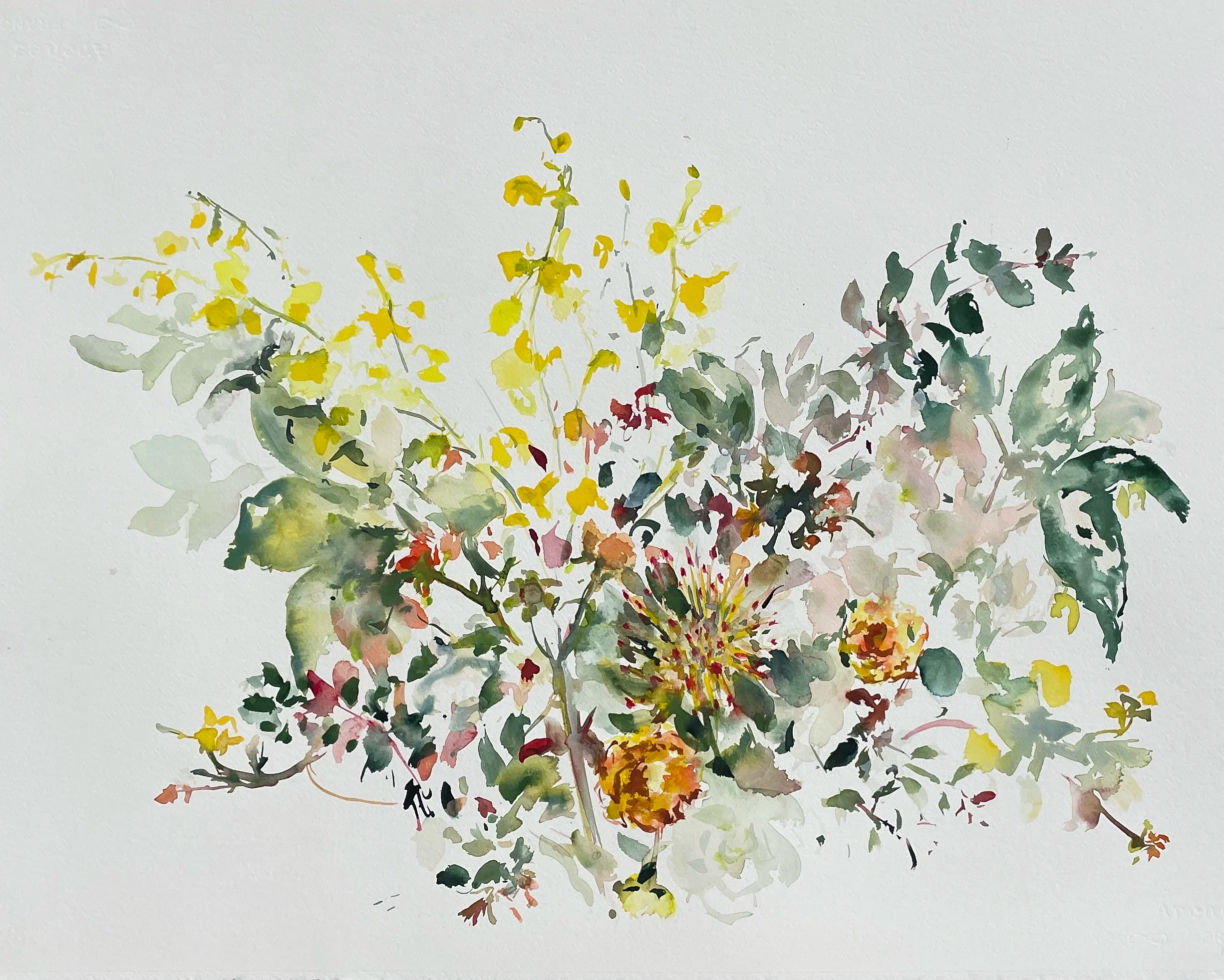 Watercolor painting of a colorful bouquet of flowers with yellow, orange, and green hues on a white background.