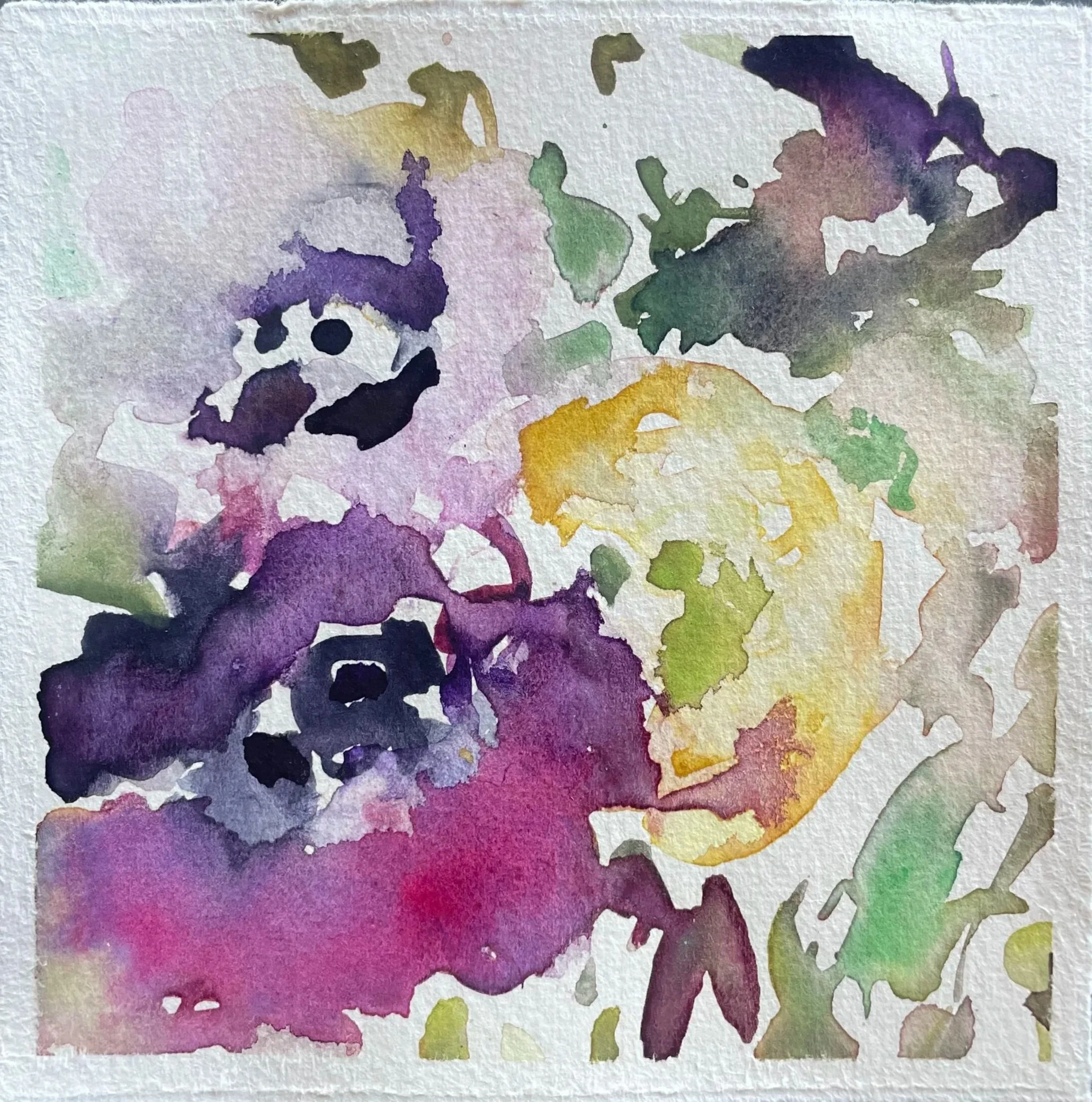 Watercolor painting of a floral arrangement with purple, yellow, and pink flowers, and green leaves.