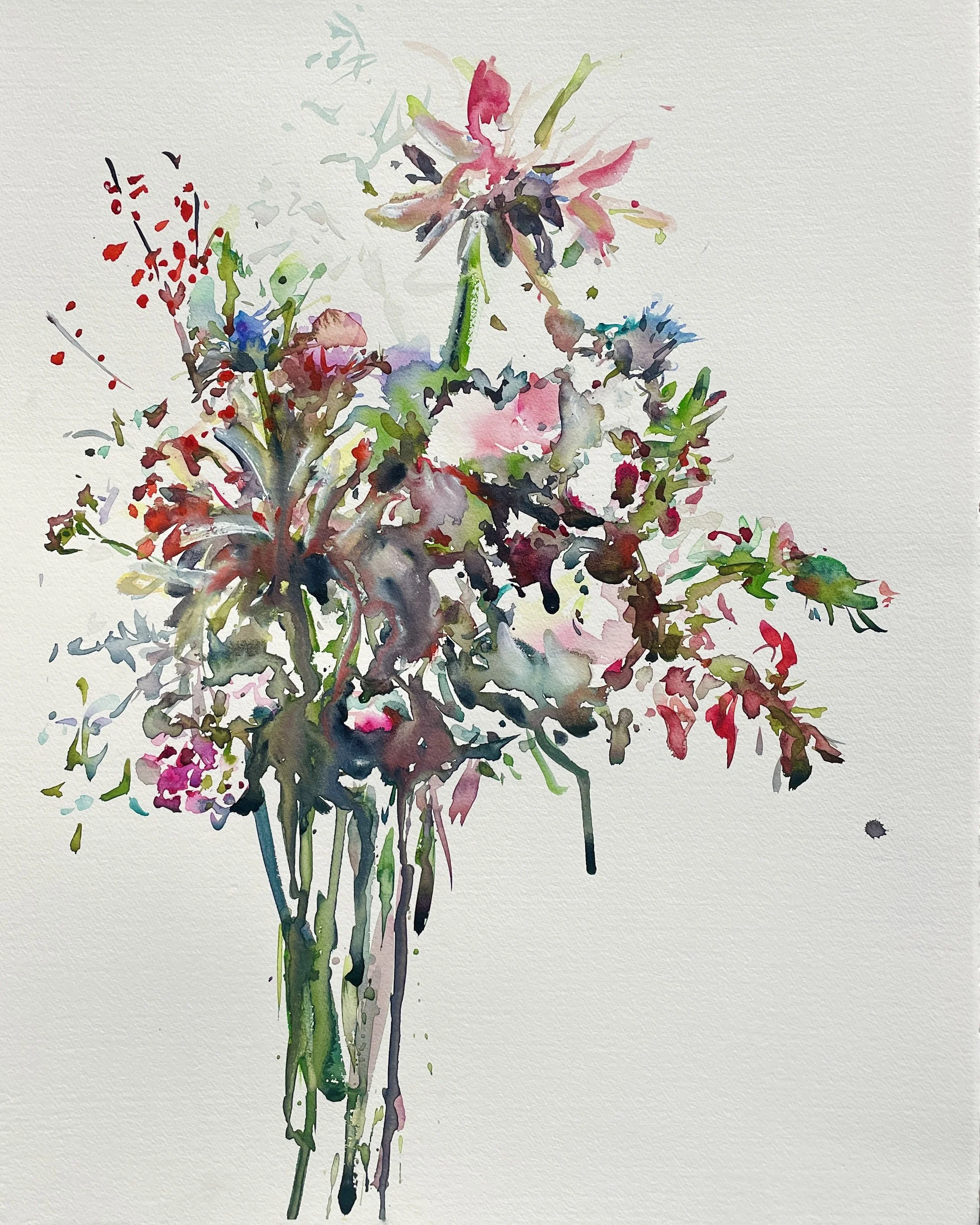 Watercolor painting of a bouquet of colorful flowers in a vase.