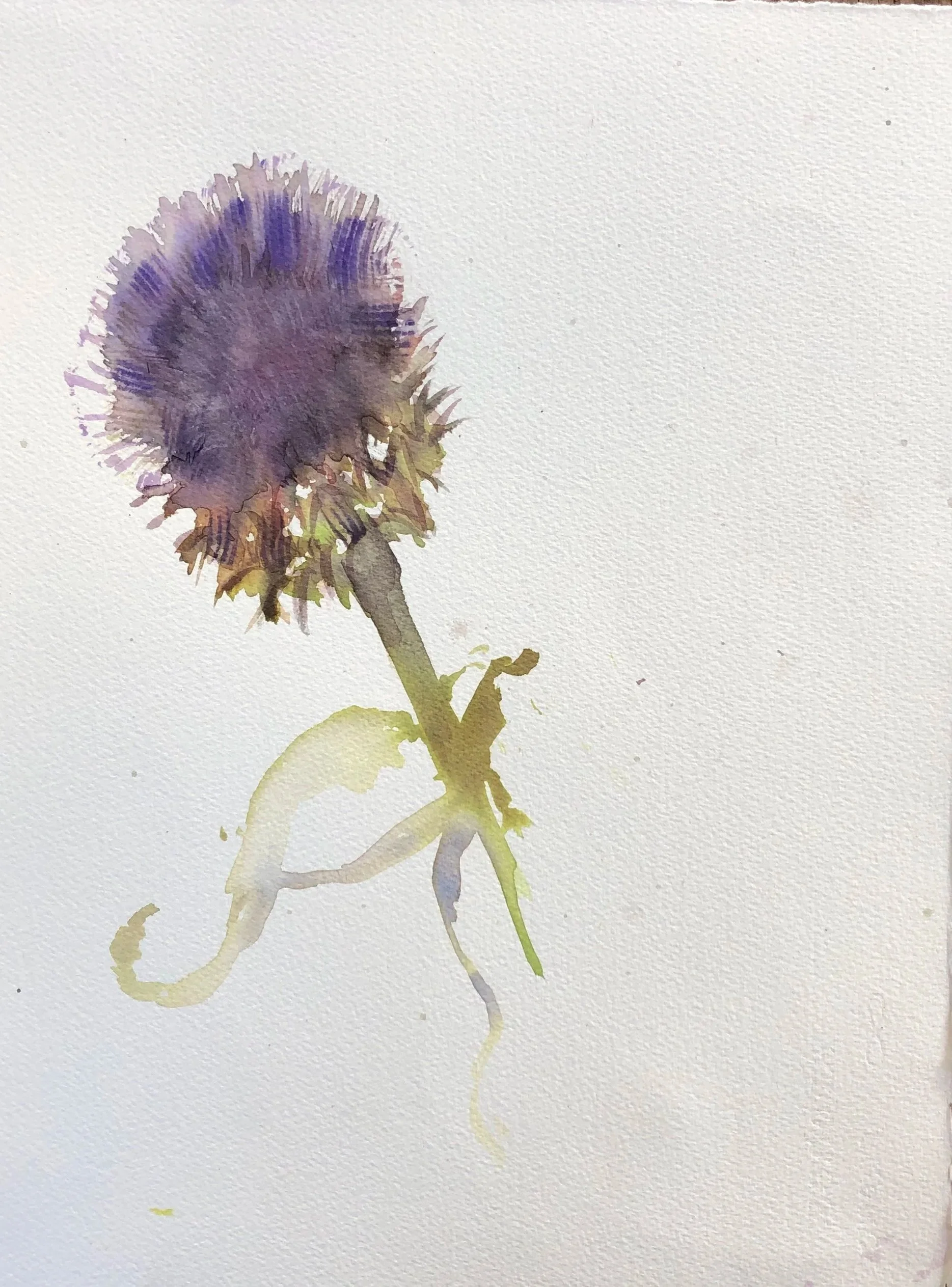 Watercolor painting of a purple thistle flower with green stem and leaves on a textured white background.