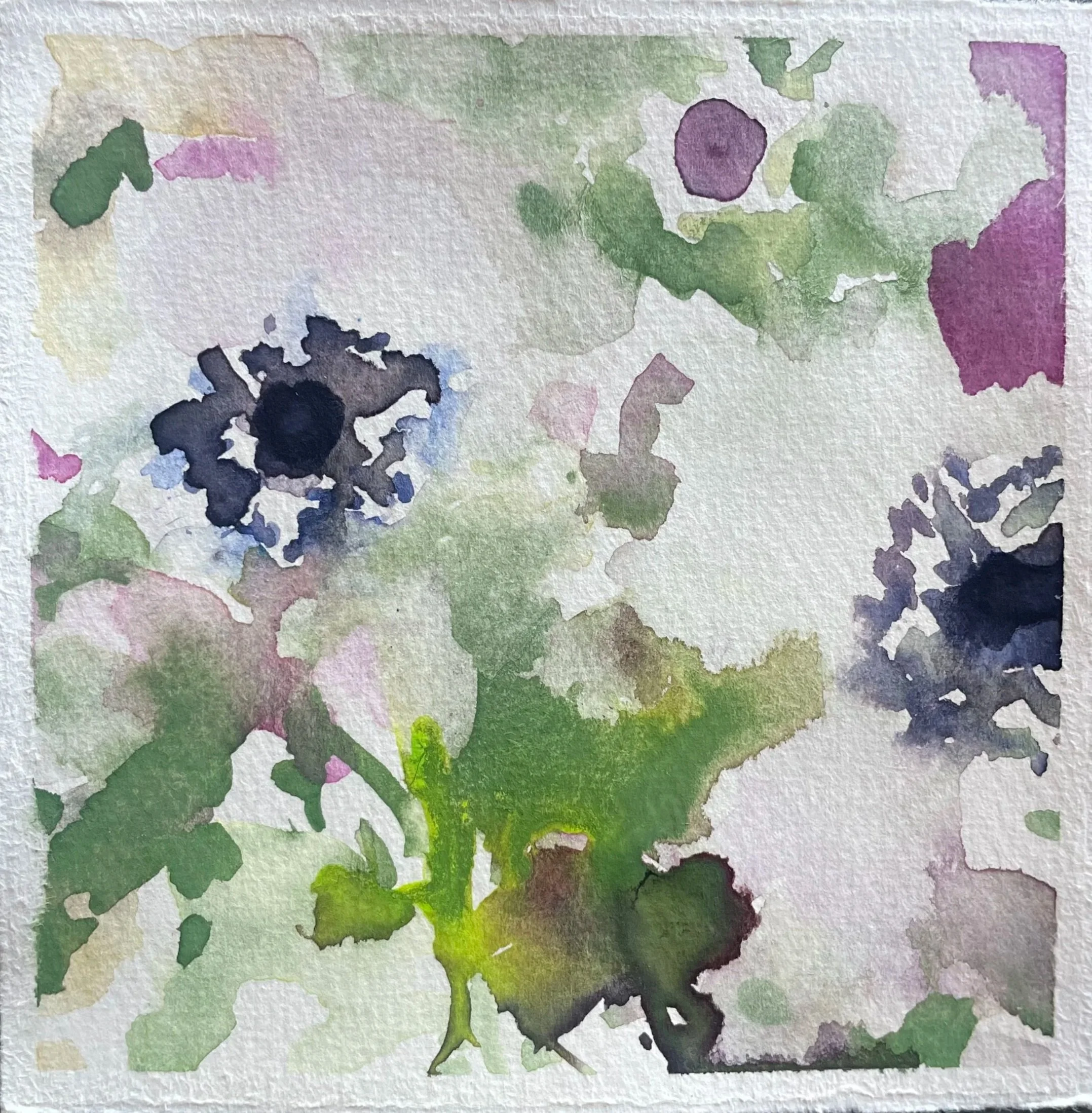 Watercolor painting of flowers with shades of purple, black, and green on textured paper.