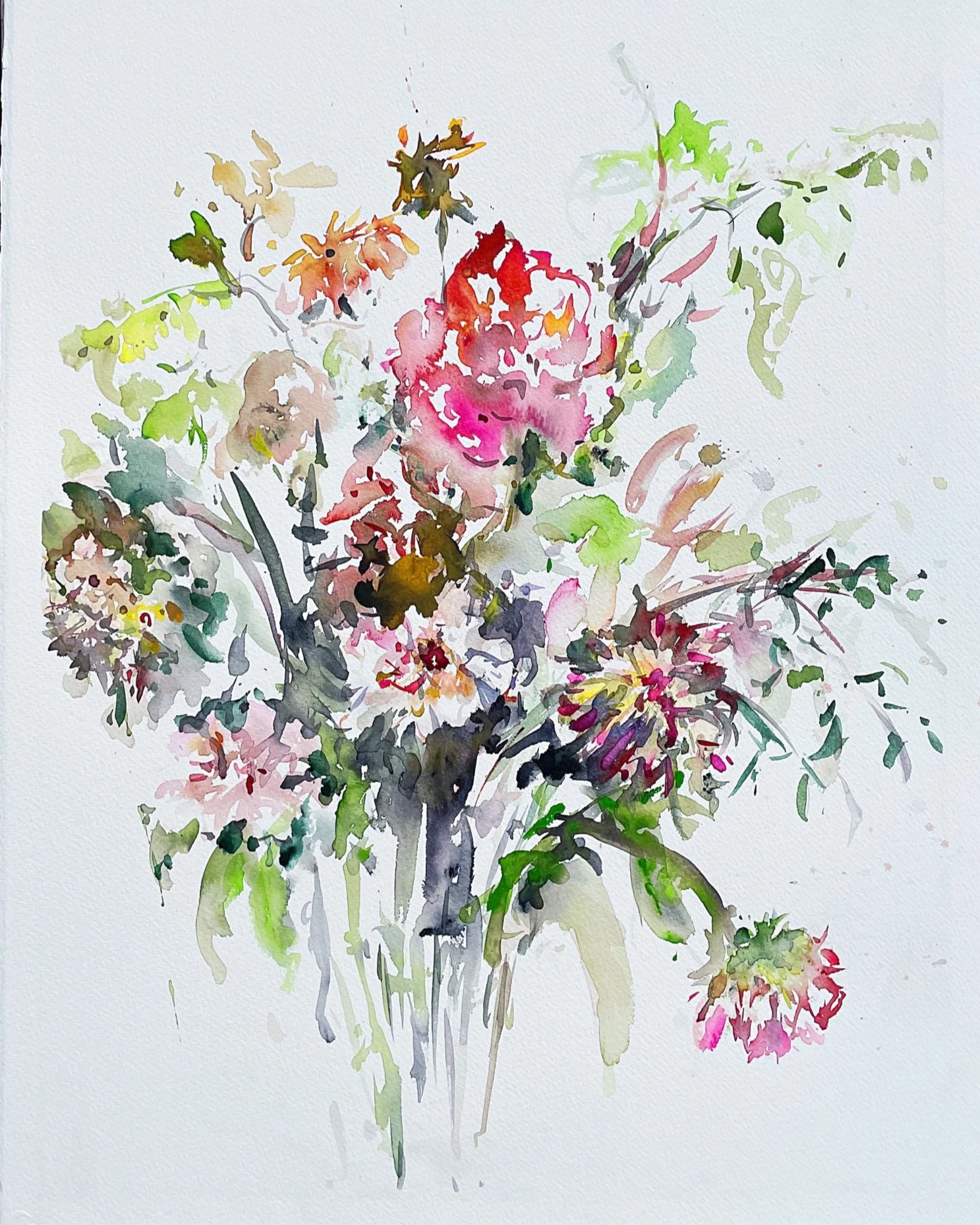 Watercolor painting of a bouquet of colorful flowers with pink, red, orange, yellow, green, and purple blooms on a white background.