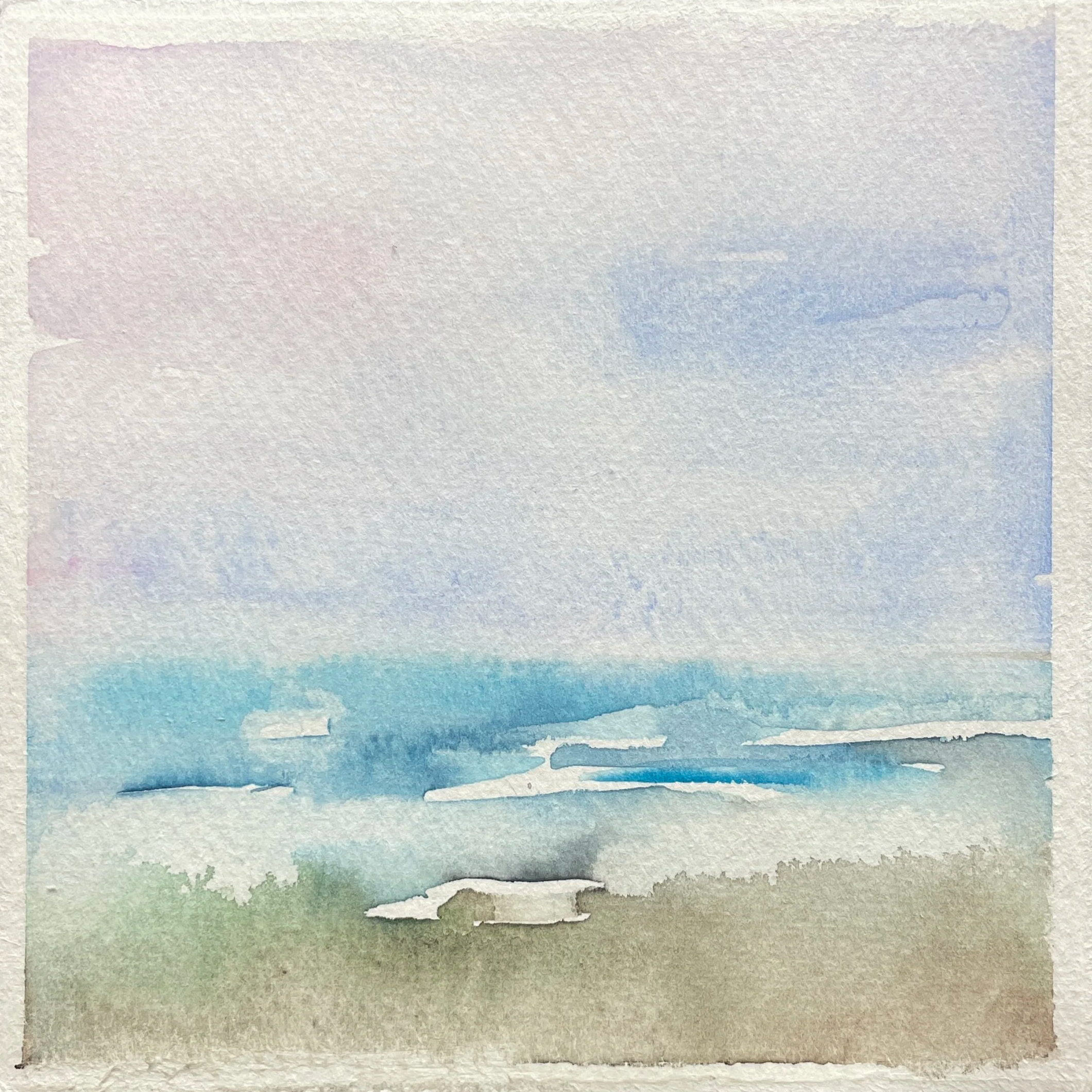 Watercolor painting of a cloudy sky over a distant ocean with waves and a green foreground.