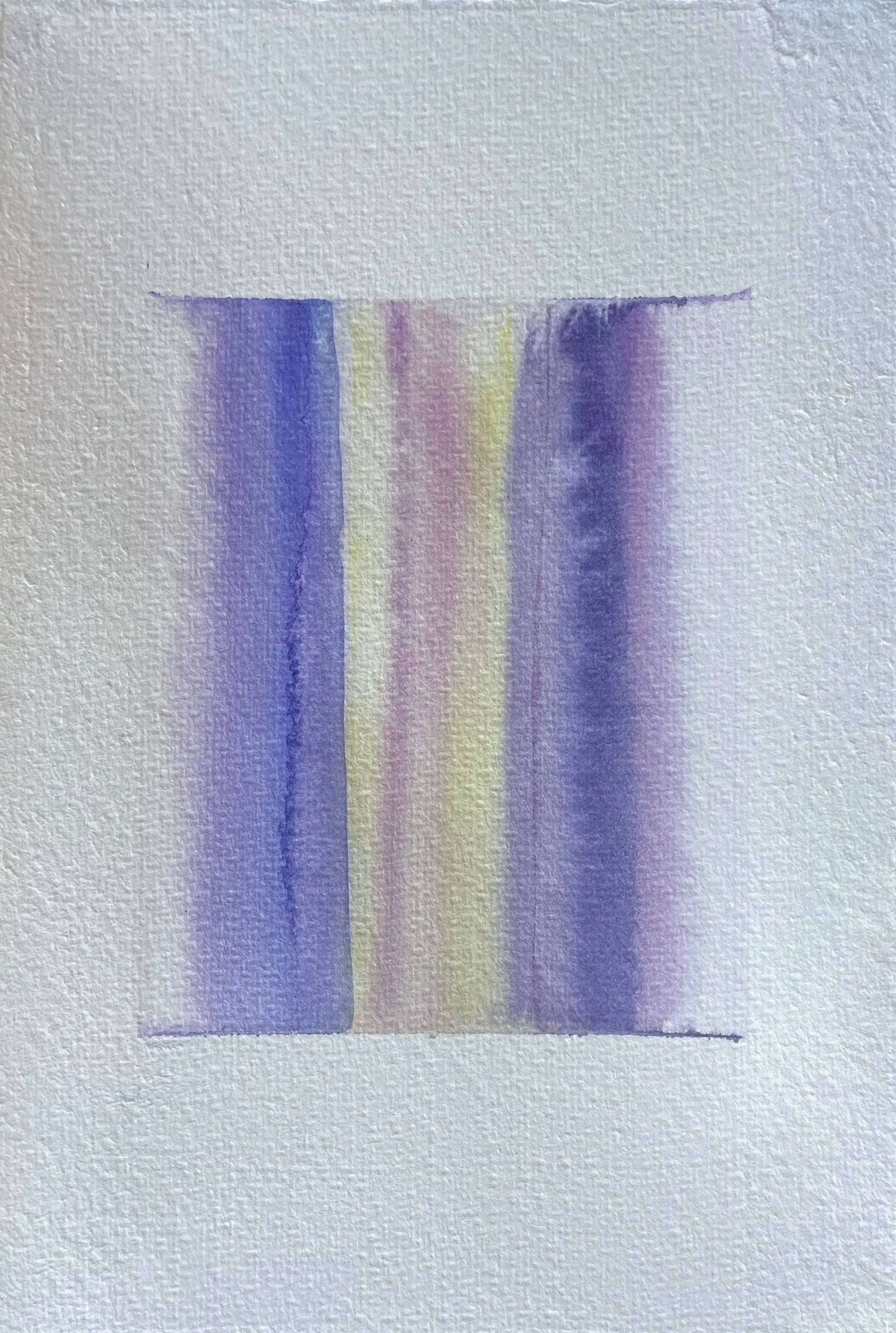 Abstract watercolor painting with vertical bands of purple, yellow, and beige on textured white paper.