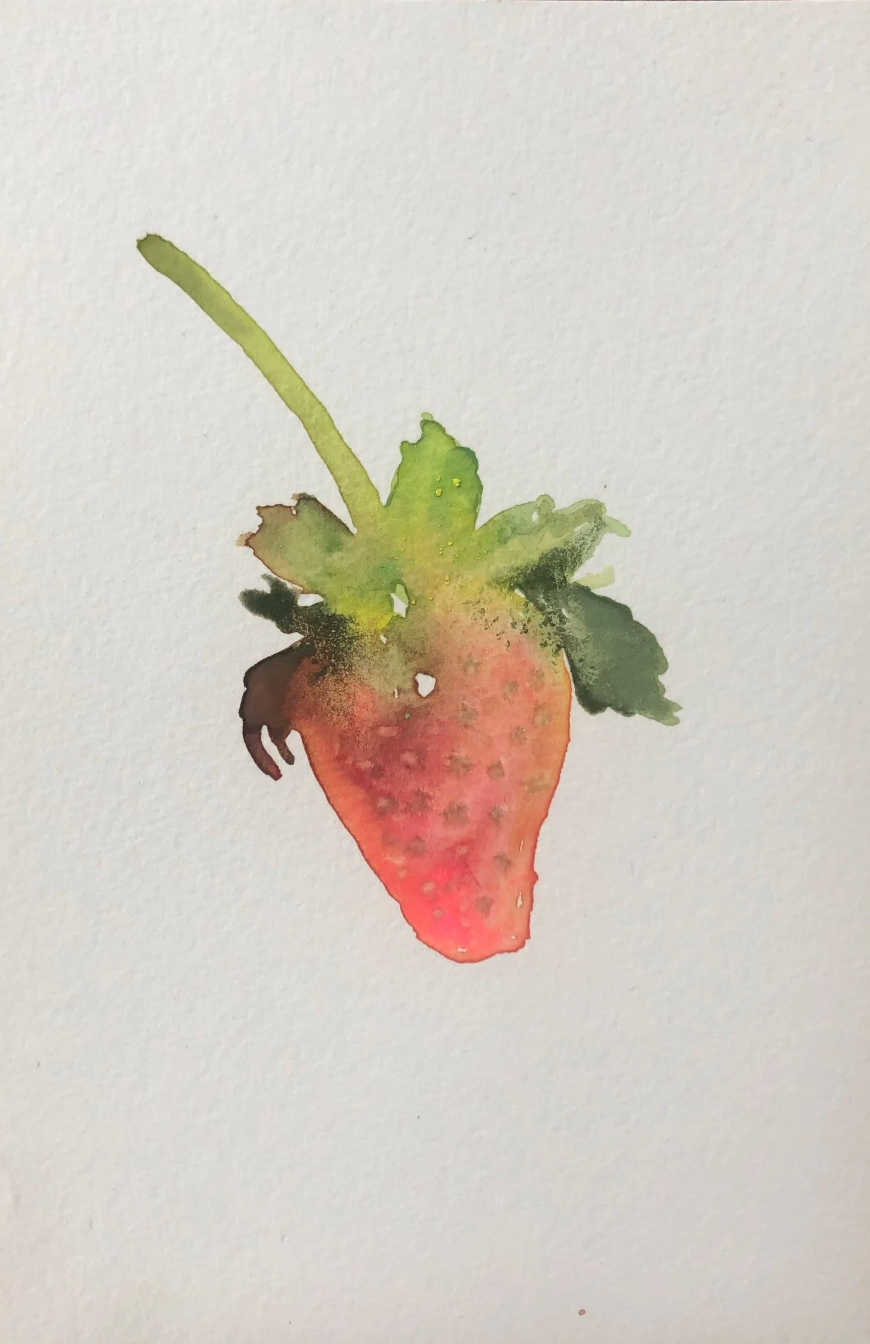 Watercolor illustration of a strawberry with green leaves and a stem on white background.