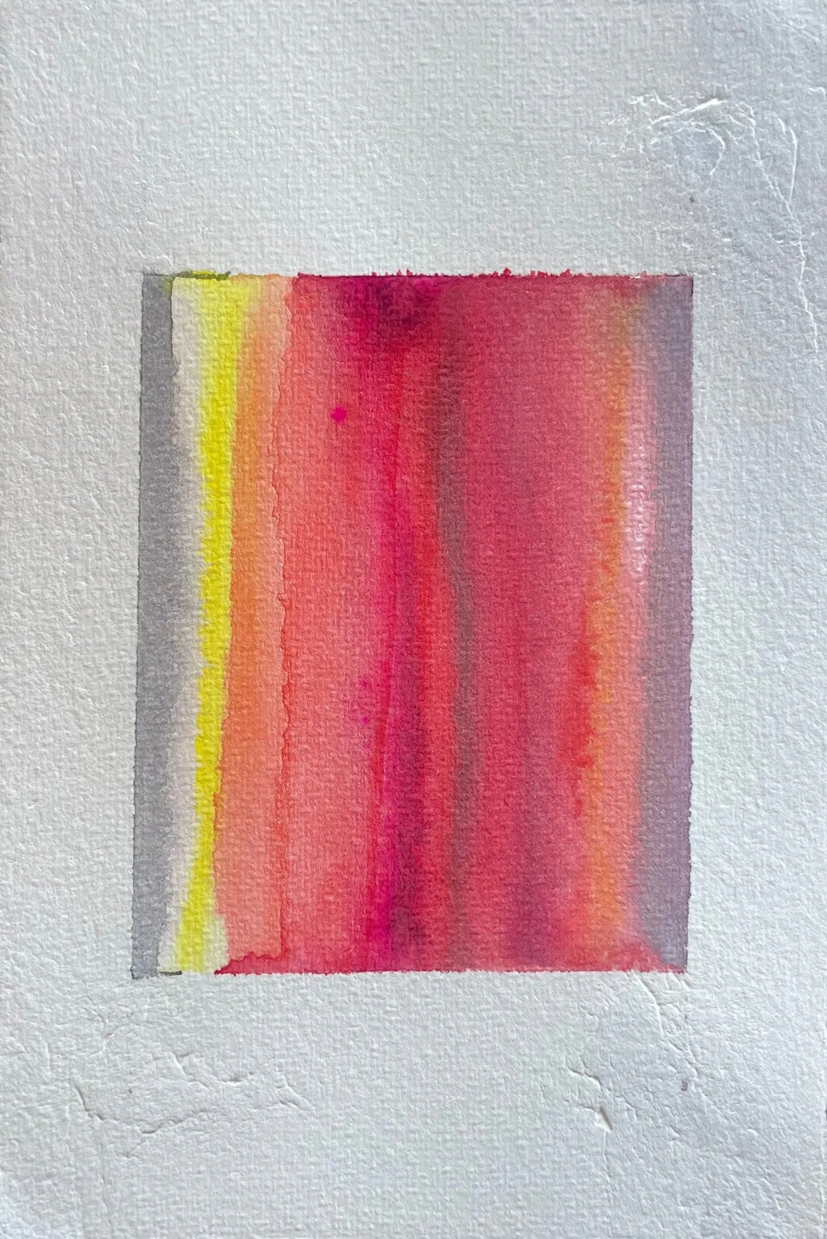 Abstract watercolor painting with shades of yellow, pink, orange, red, and purple on textured white paper.