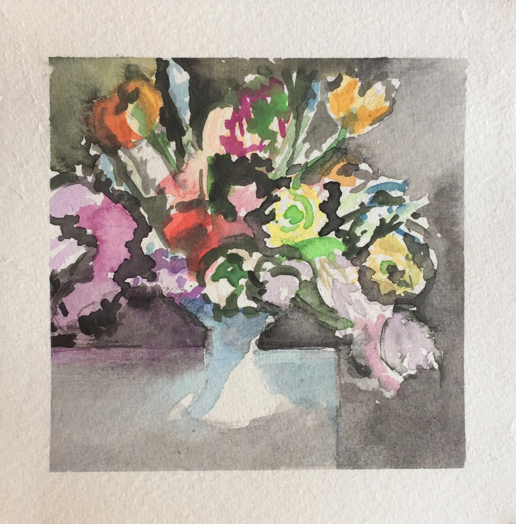 Watercolor painting of a bouquet of multicolored flowers in a vase on a table.