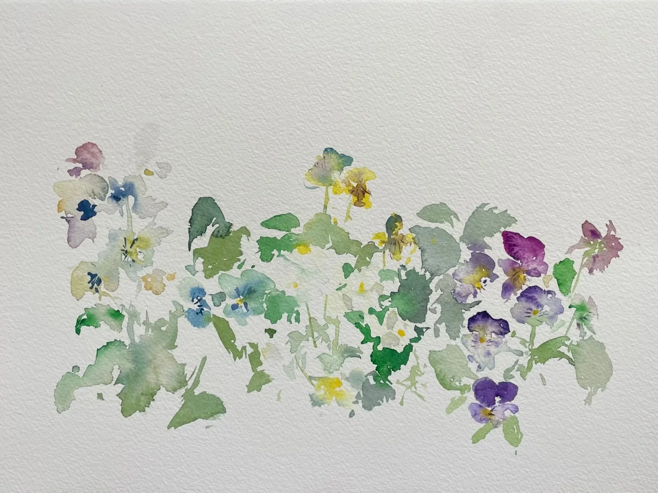Watercolor painting of various small flowers and green leaves on a light background.