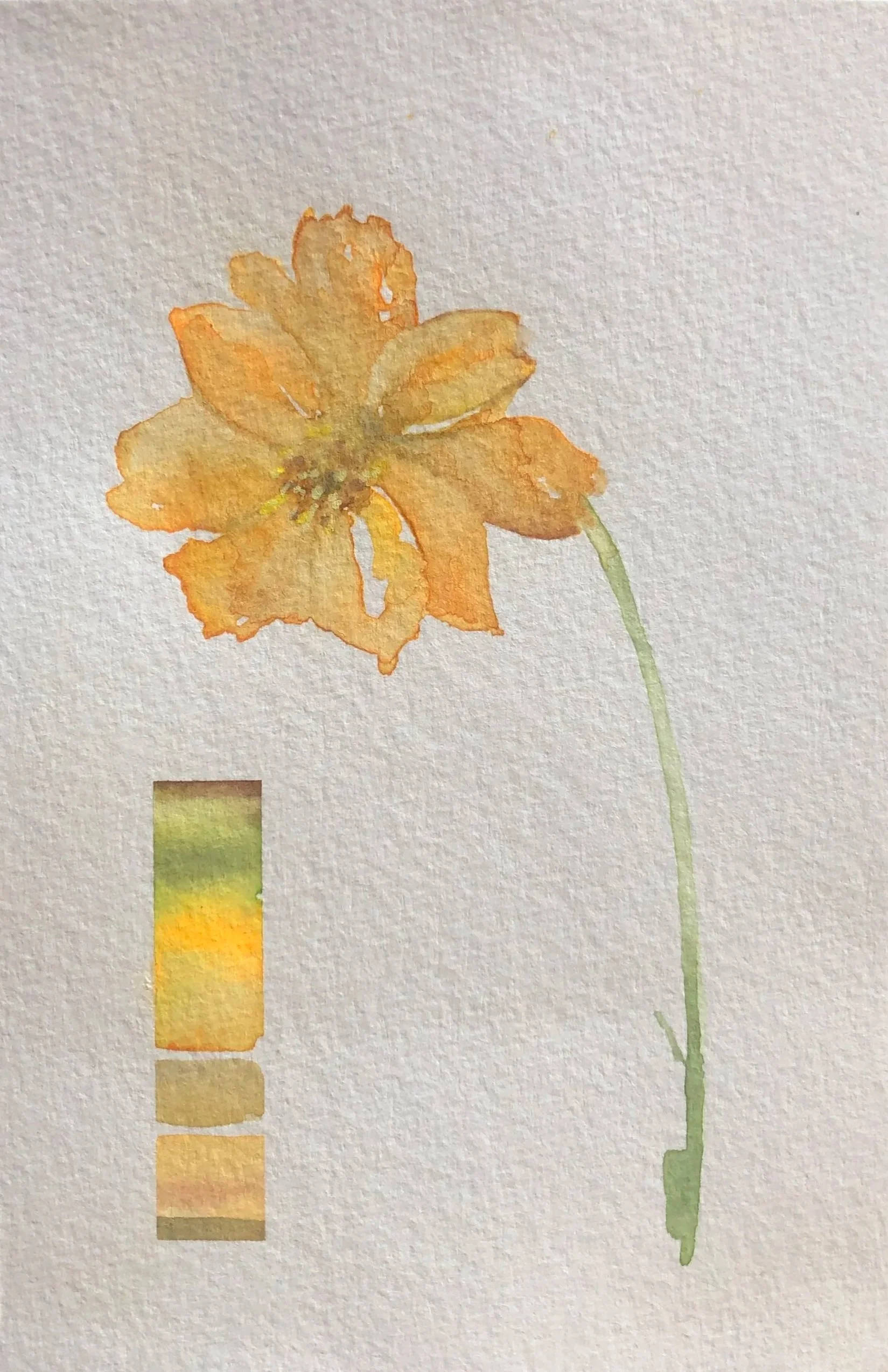 A watercolor painting of a yellow-orange flower with a green stem on textured paper.