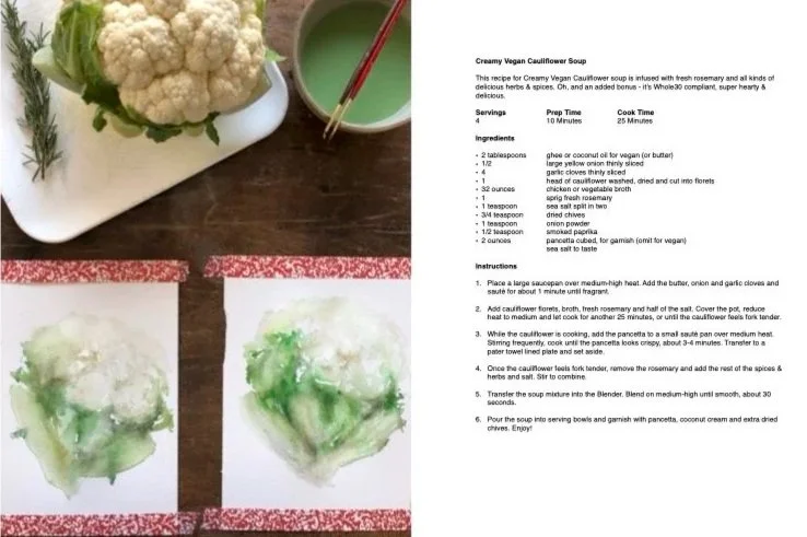 Ingredients and steps for Creamy Vegan Cauliflower Soup, along with cauliflower florets and a bowl of soup with a spoon.