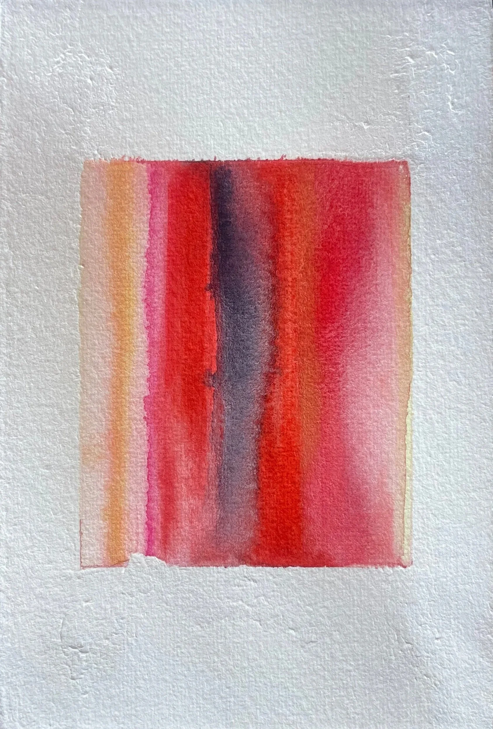 Abstract watercolor painting with vertical stripes in shades of red, purple, pink, yellow, and orange on textured white paper.
