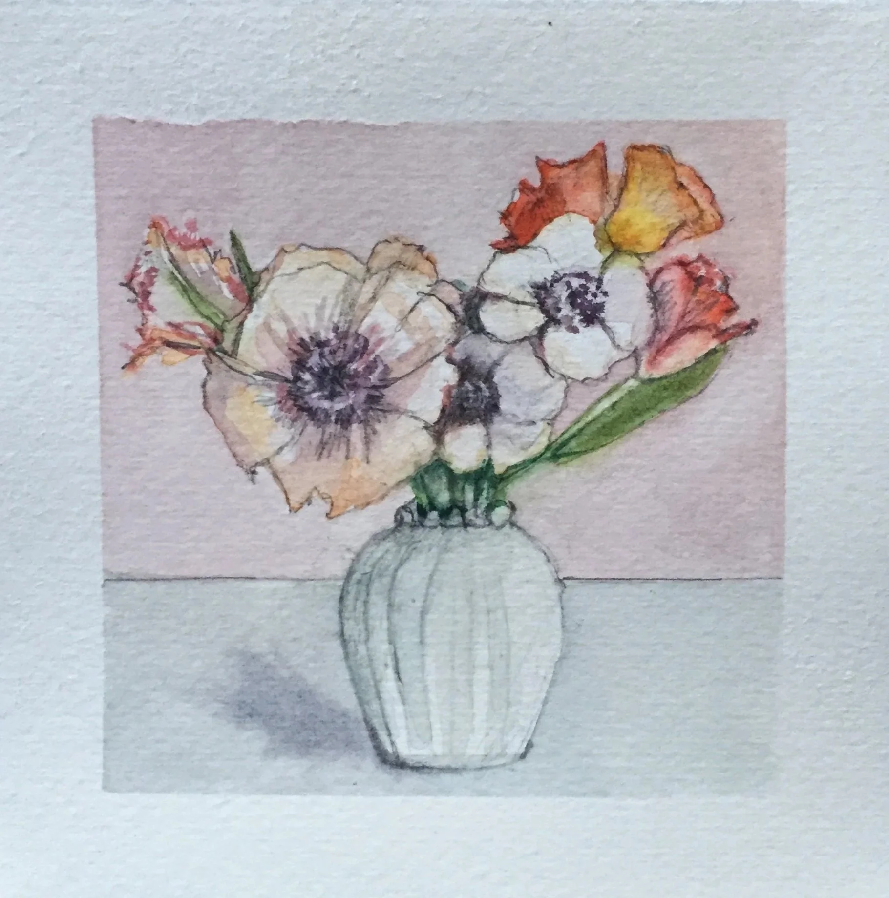 Watercolor painting of a bouquet of flowers in a white vase, set against a pink and gray background.