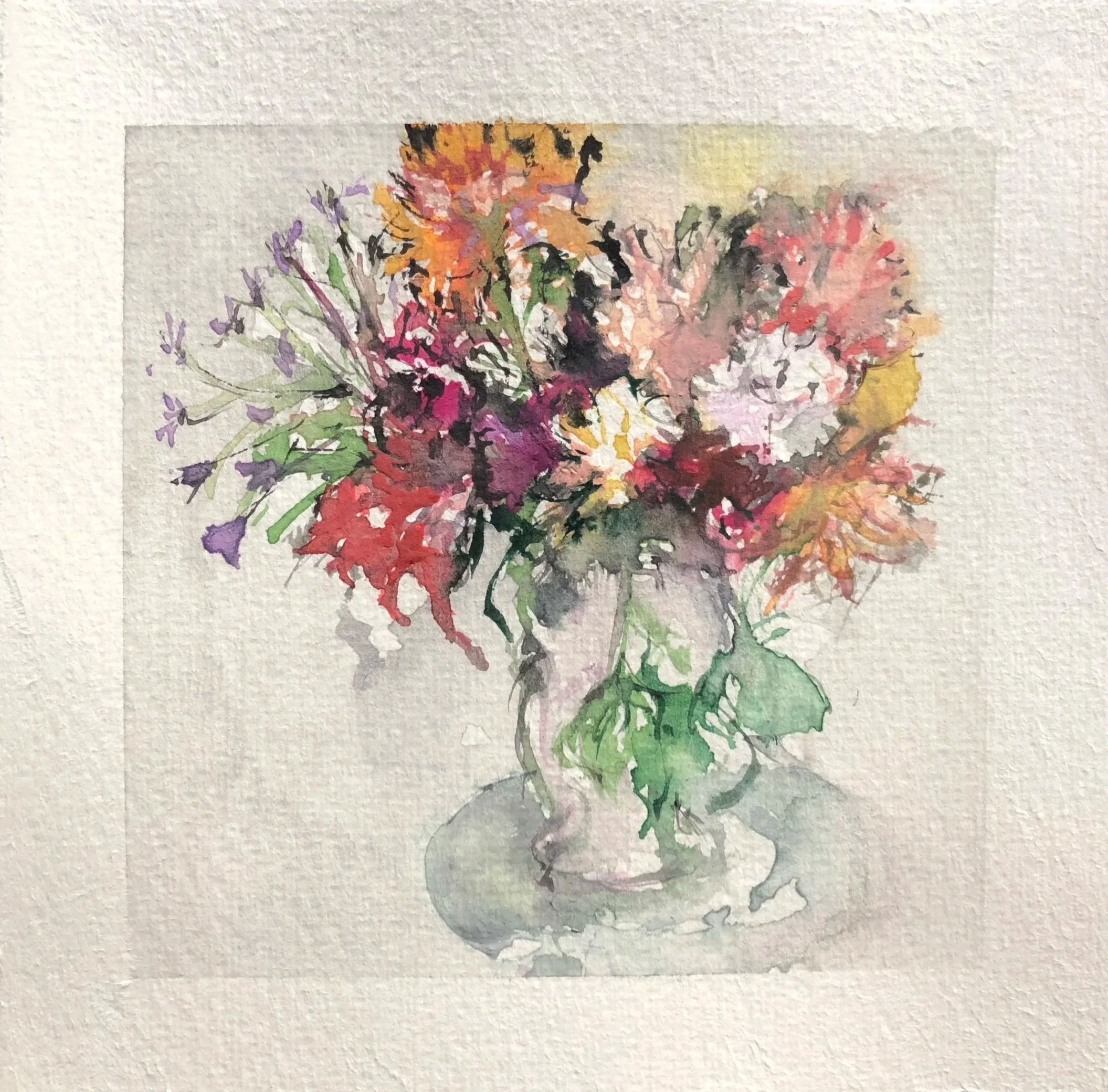 Watercolor painting of a colorful bouquet of flowers in a vase.