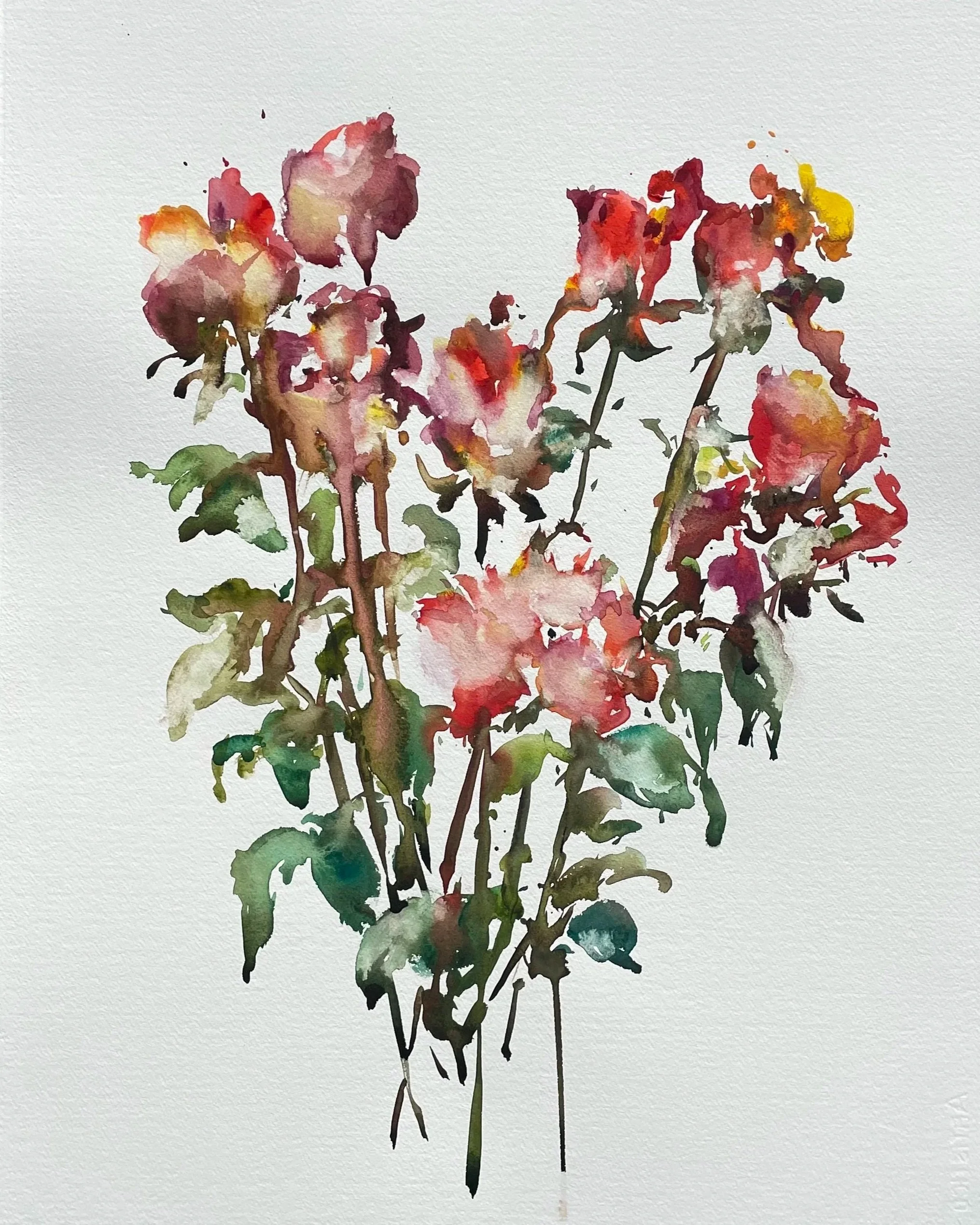 Watercolor painting of a bouquet of pink and red flowers with green leaves on white background.