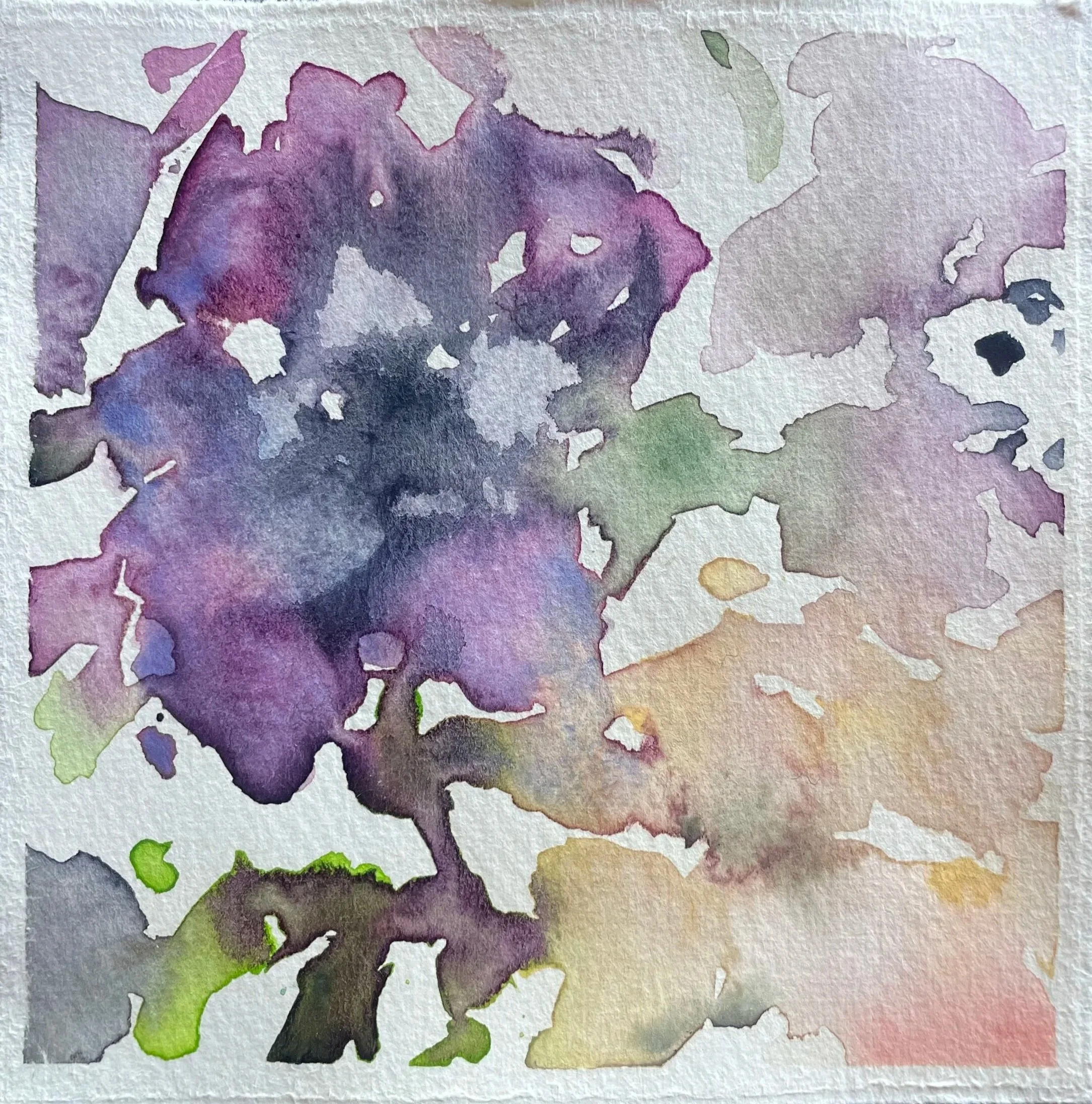 Watercolor painting of purple and green flowers with abstract background