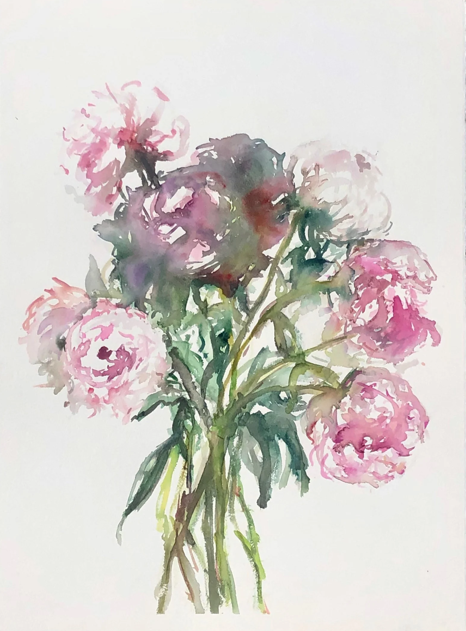A watercolor painting of a bouquet of pink and purple roses with green stems and leaves, set against a white background.