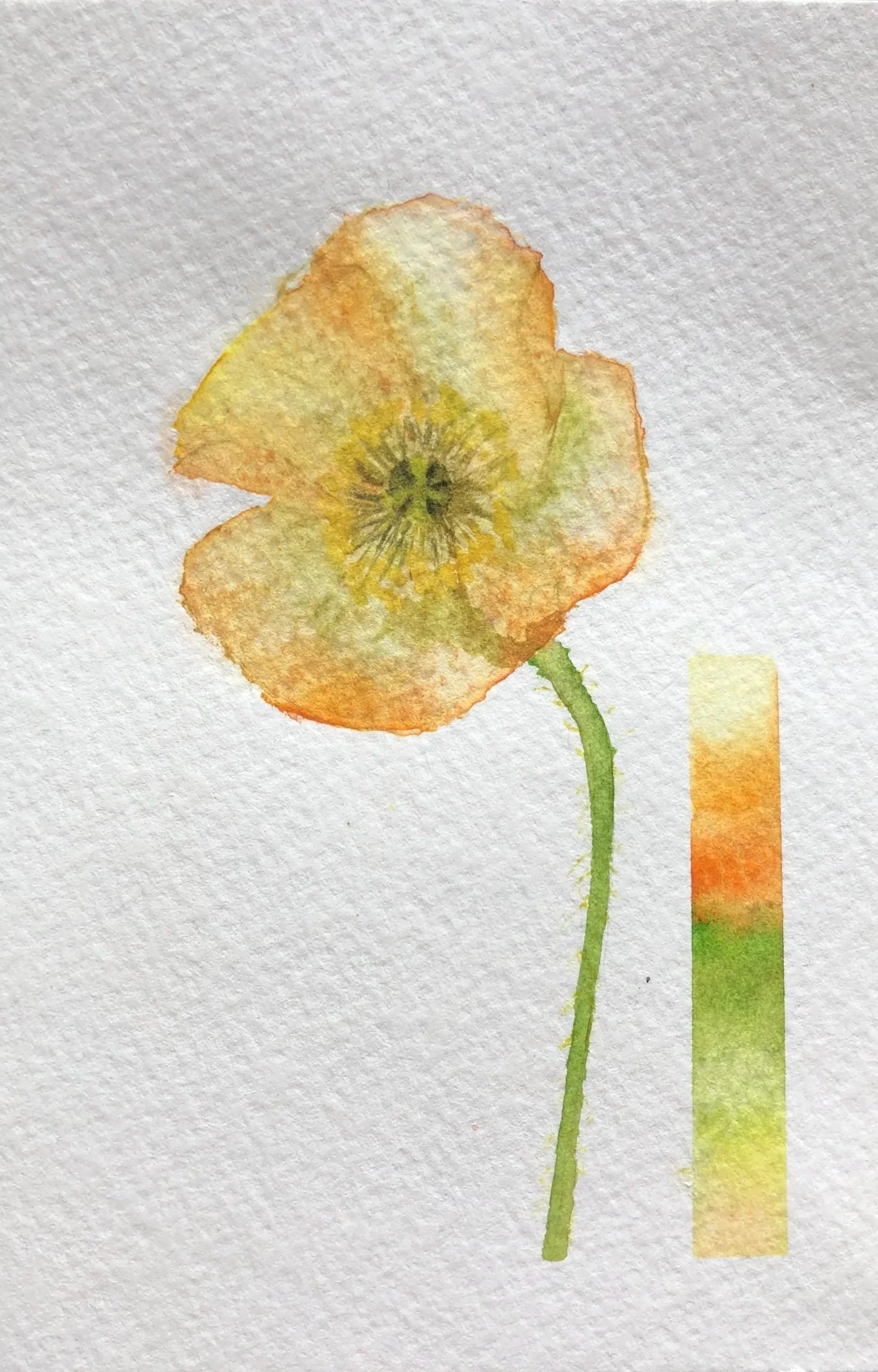Watercolor painting of a single orange poppy flower with a green stem.