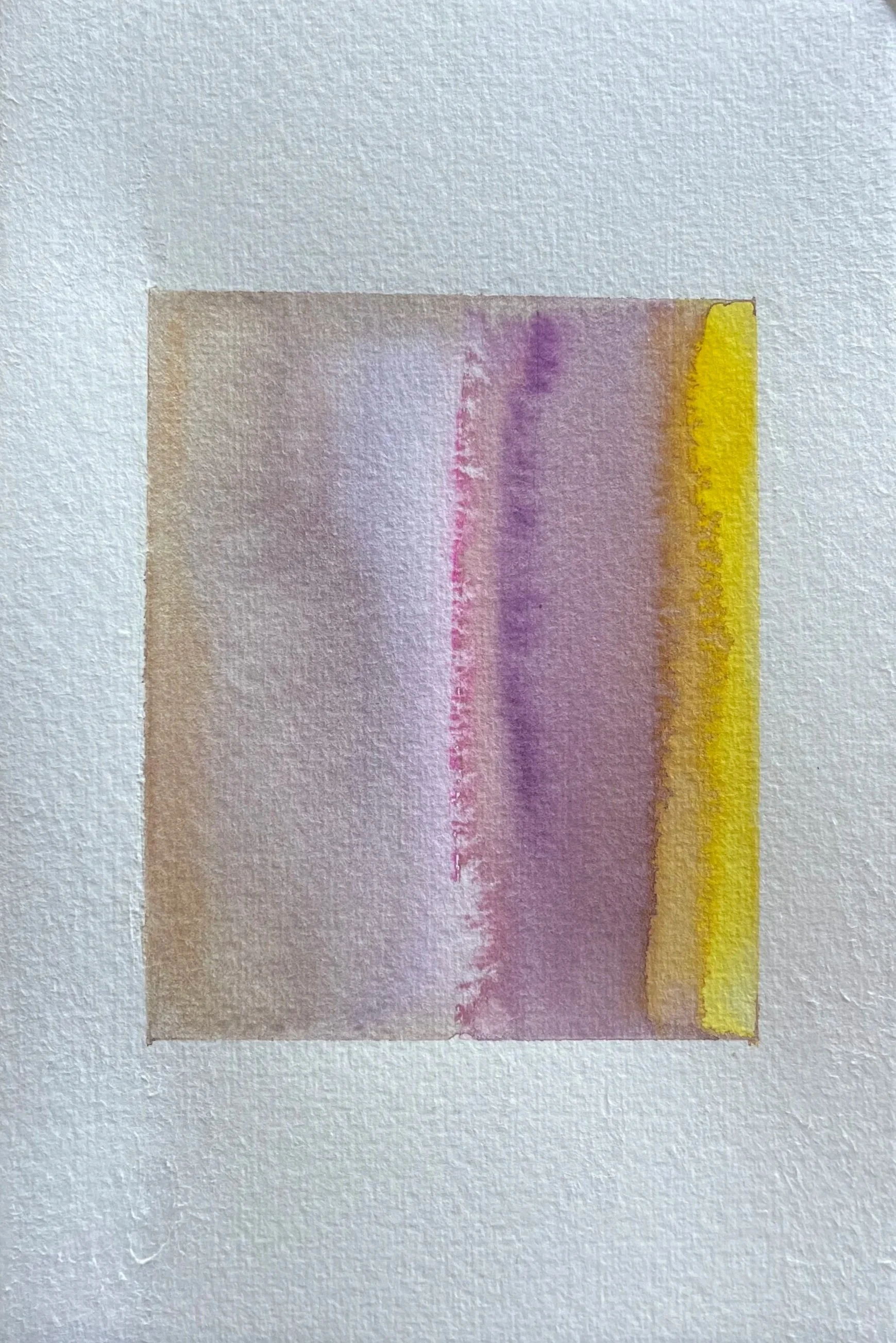 Watercolor painting with vertical bands of muted purple, pink, yellow, and beige on textured white paper.