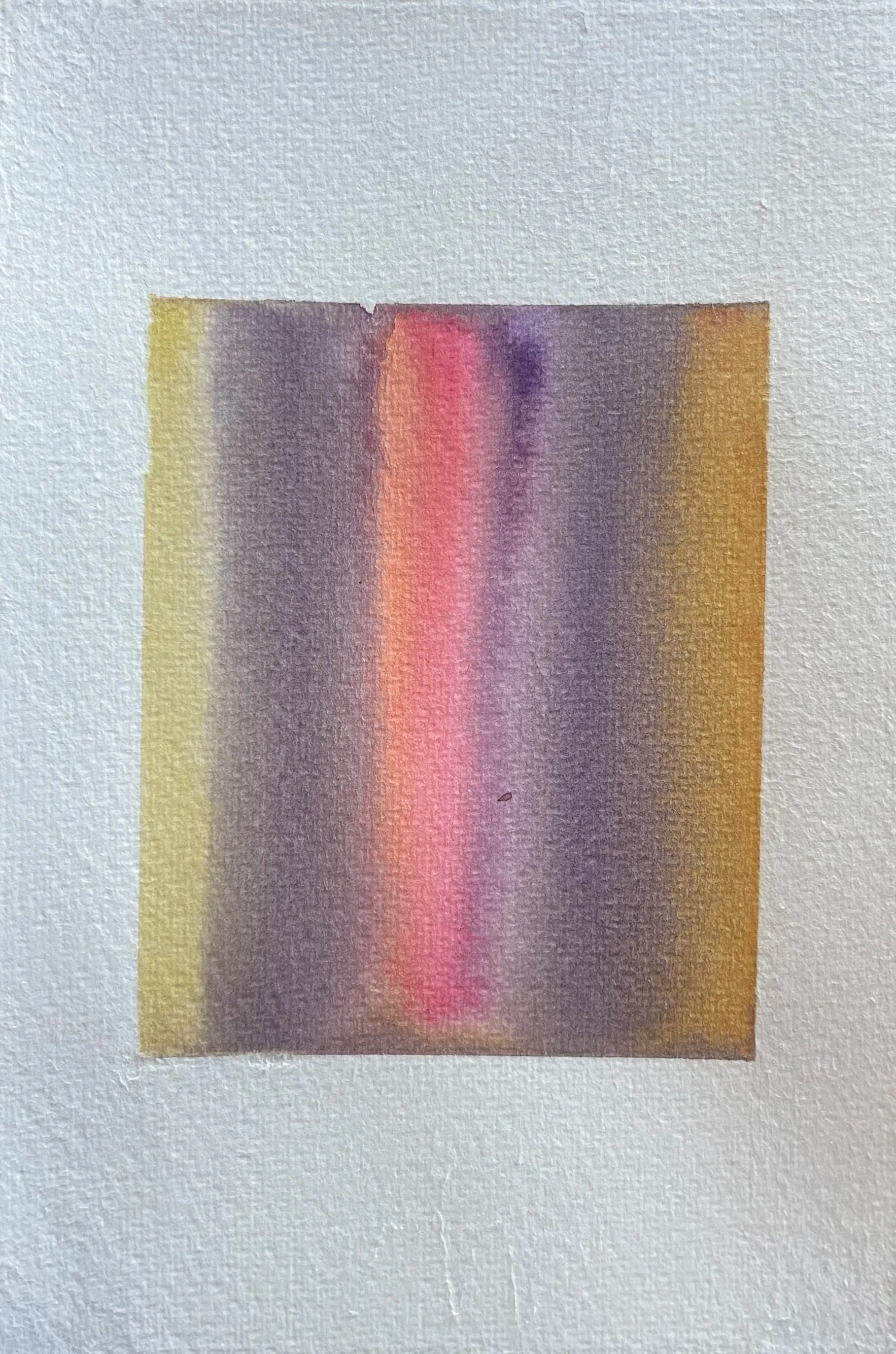Abstract watercolor painting with vertical streaks of purple, pink, red, and yellow on textured white paper.