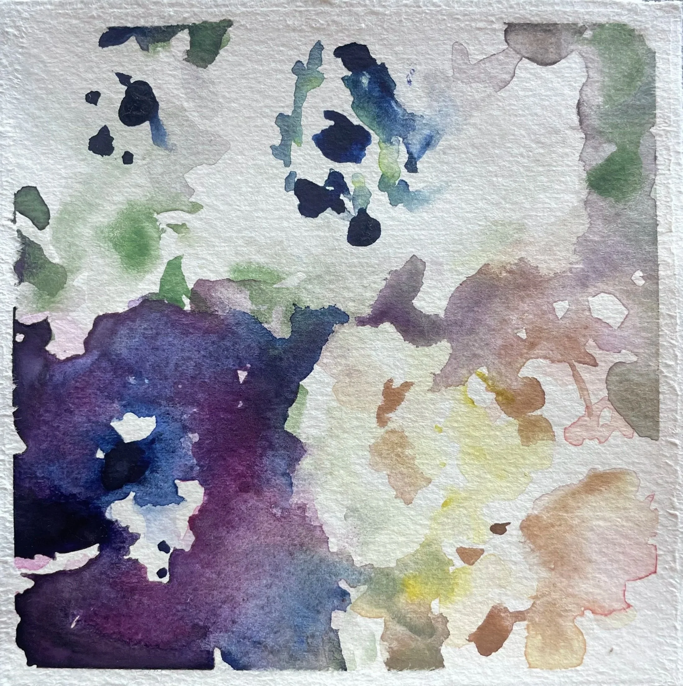 Watercolor painting of abstract flower shapes in various colors including purple, blue, green, yellow, and beige.