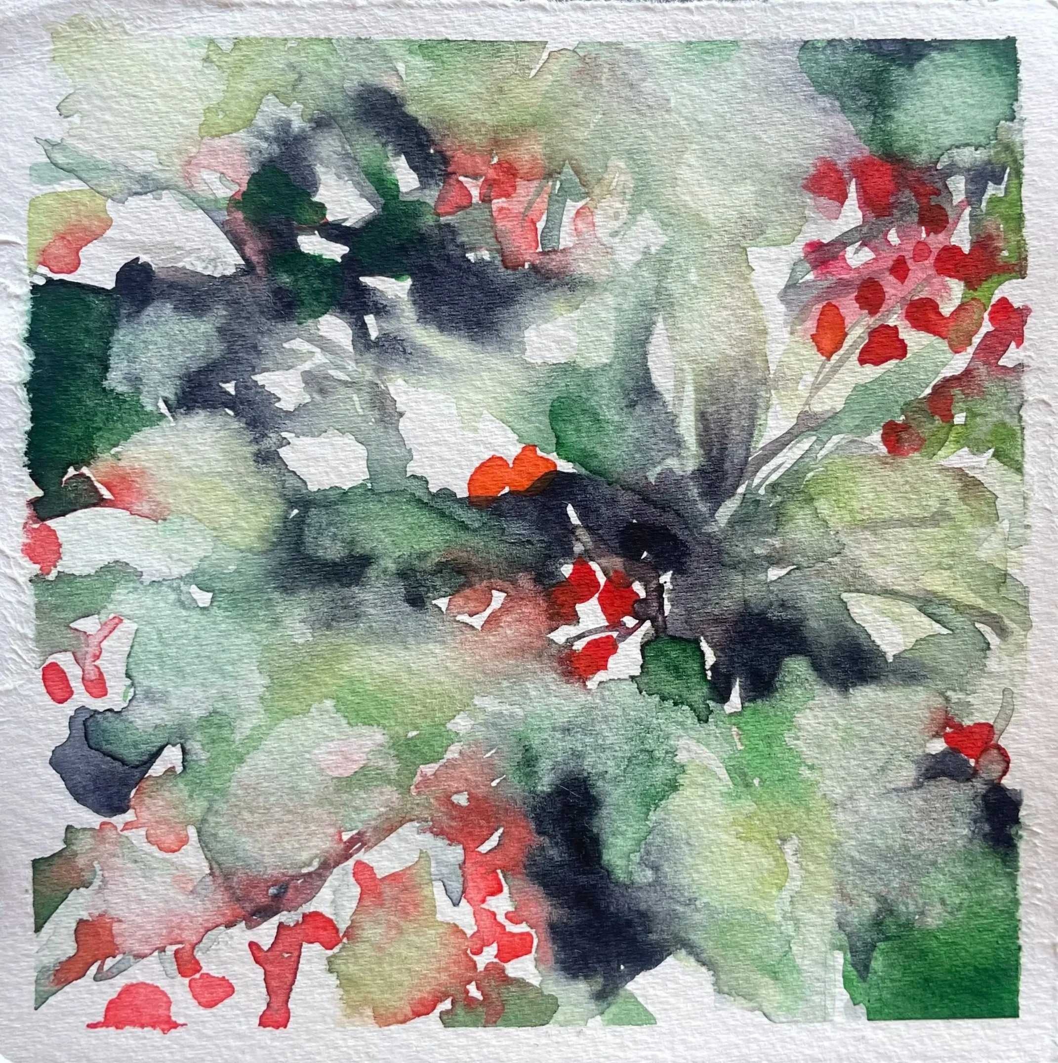 Watercolor painting of holly with green leaves, red berries, and dark branches.
