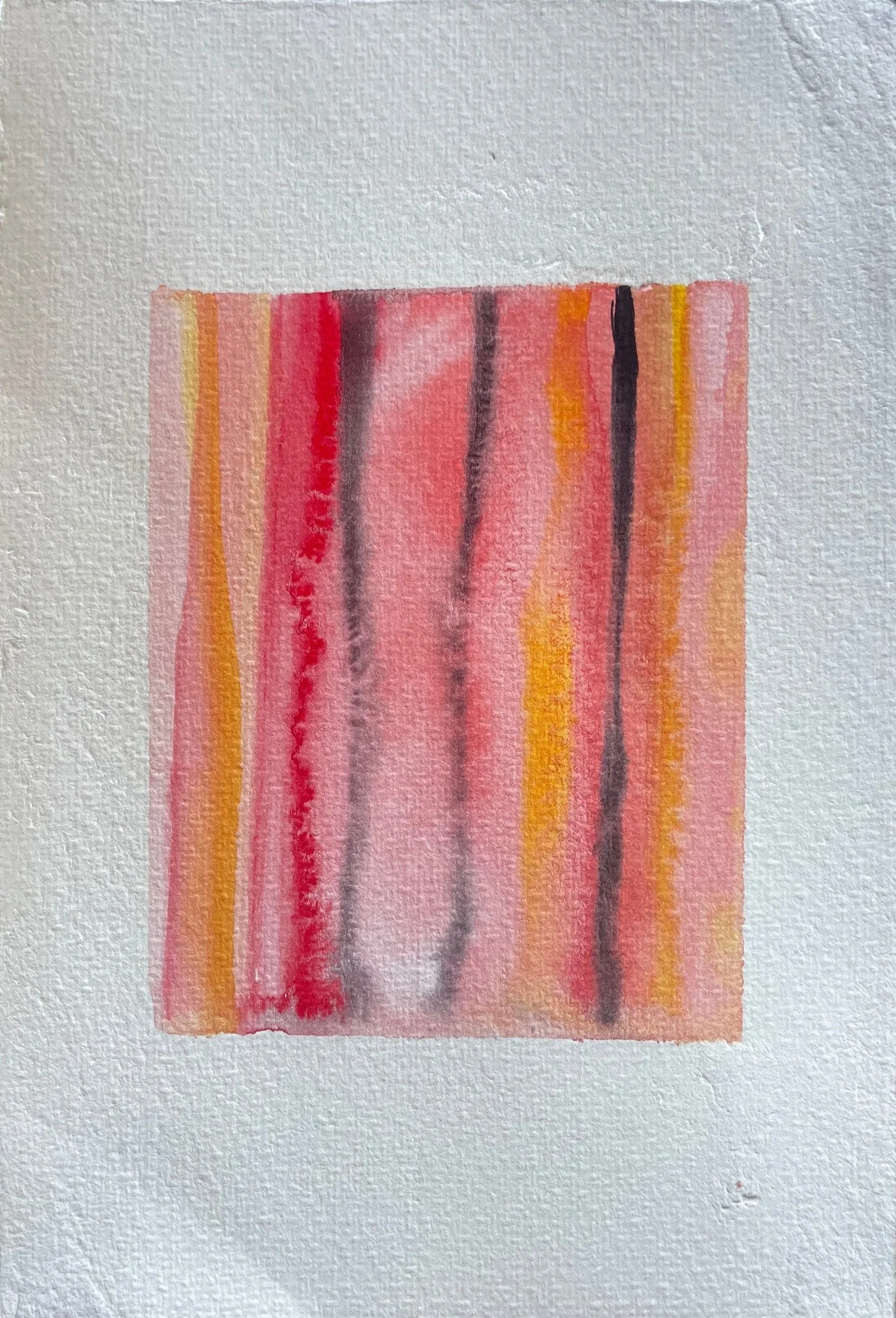 Small abstract watercolor painting with vertical streaks in red, pink, black, and orange hues on textured white paper.
