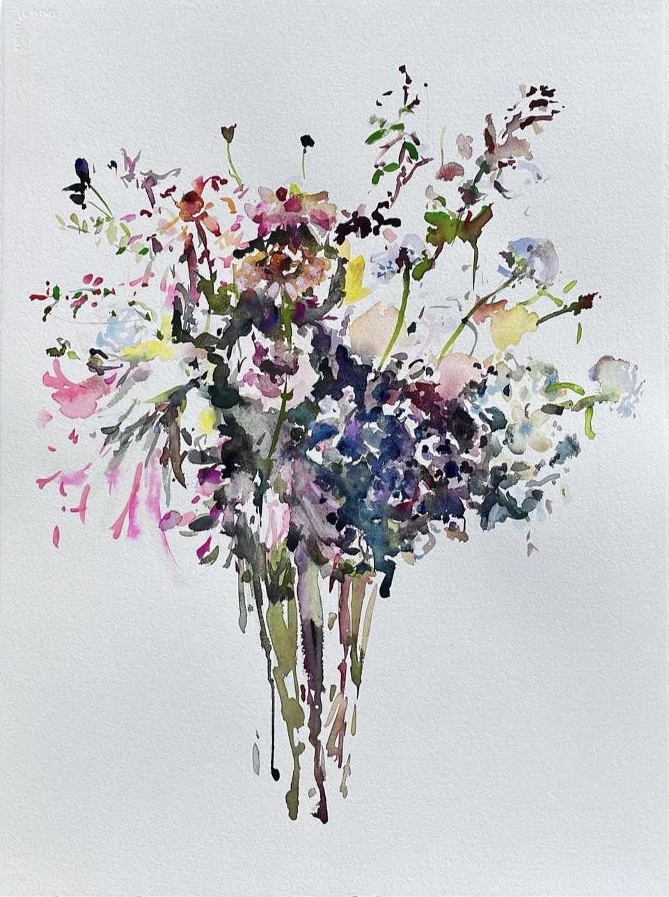 Watercolor painting of a bouquet of flowers in a vase, featuring pink, purple, yellow, and white blooms with green stems.