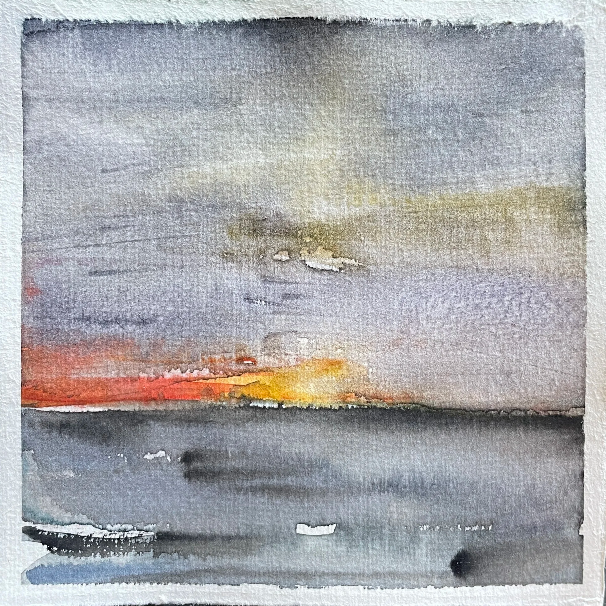 A watercolor painting of a sunset over the water, with muted colors and a cloudy sky.