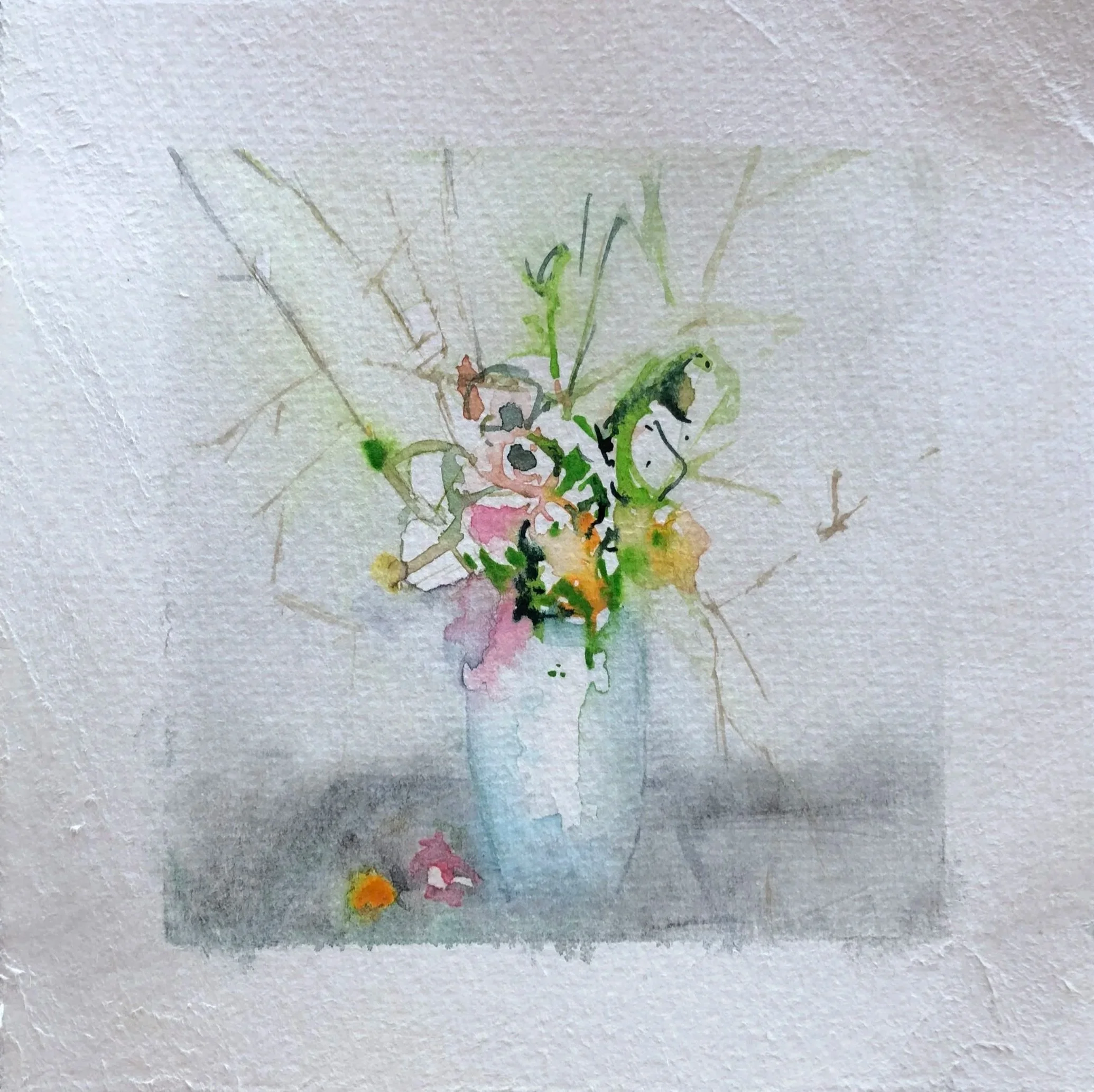 Watercolor painting of a potted plant with pink, yellow, green, and black abstract flowers on paper.
