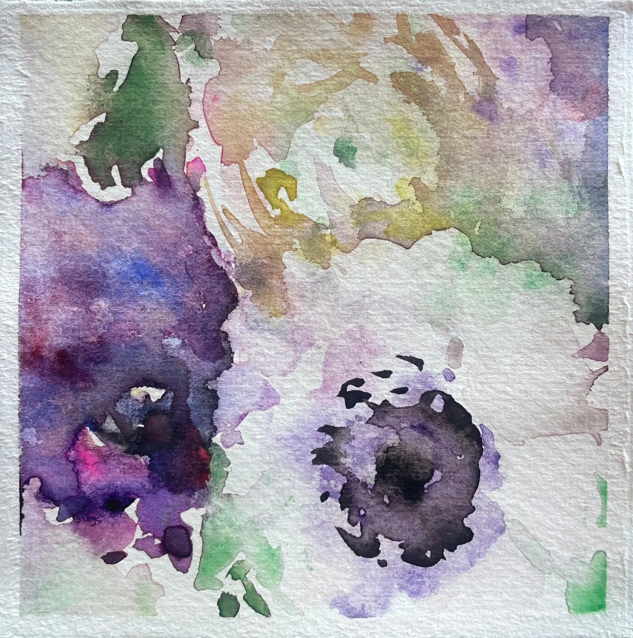Watercolor painting of purple and black flowers with green and yellow accents, abstract background.