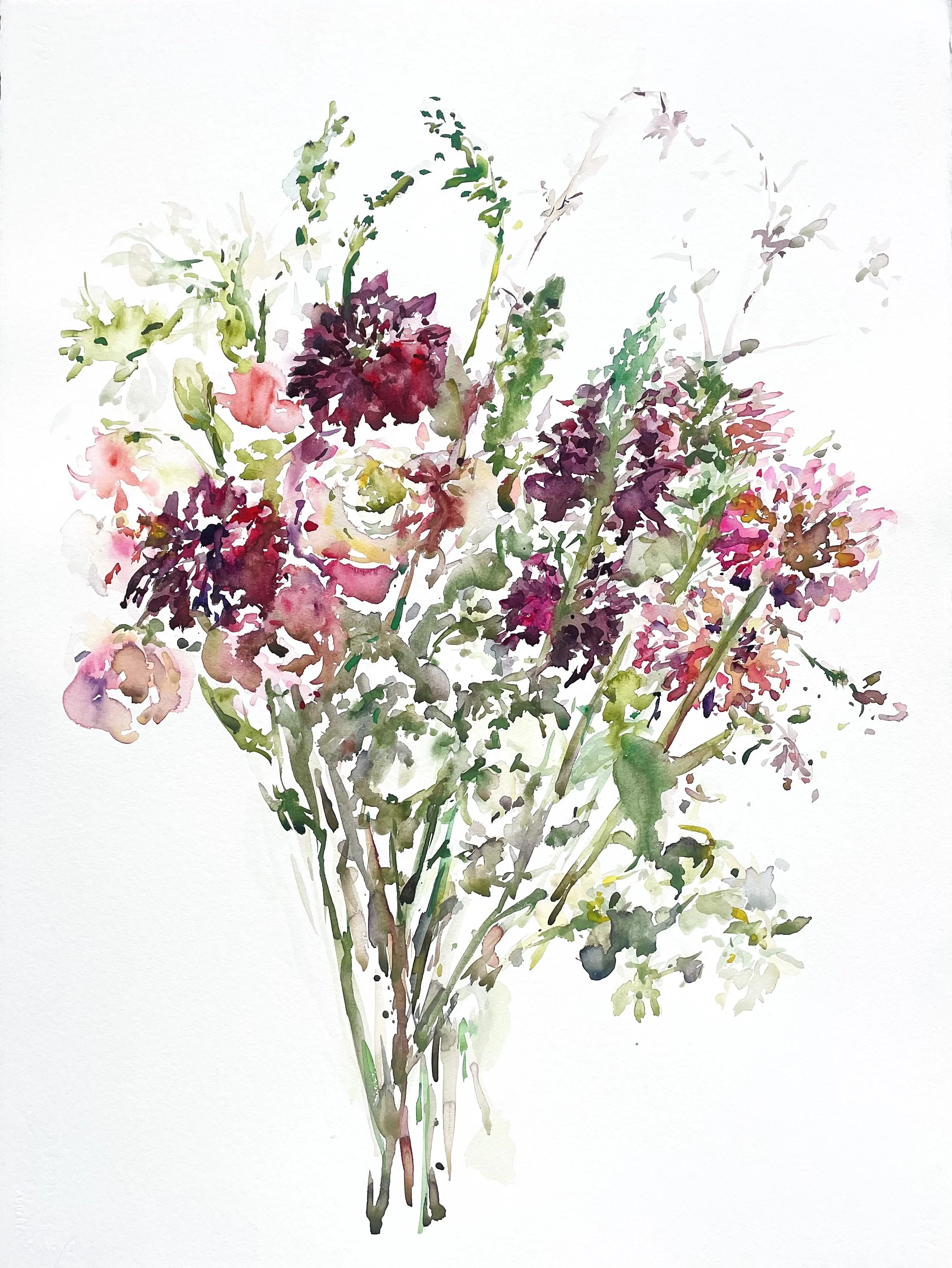 Watercolor painting of a bouquet of mixed flowers in pink, purple, and green shades on a white background.